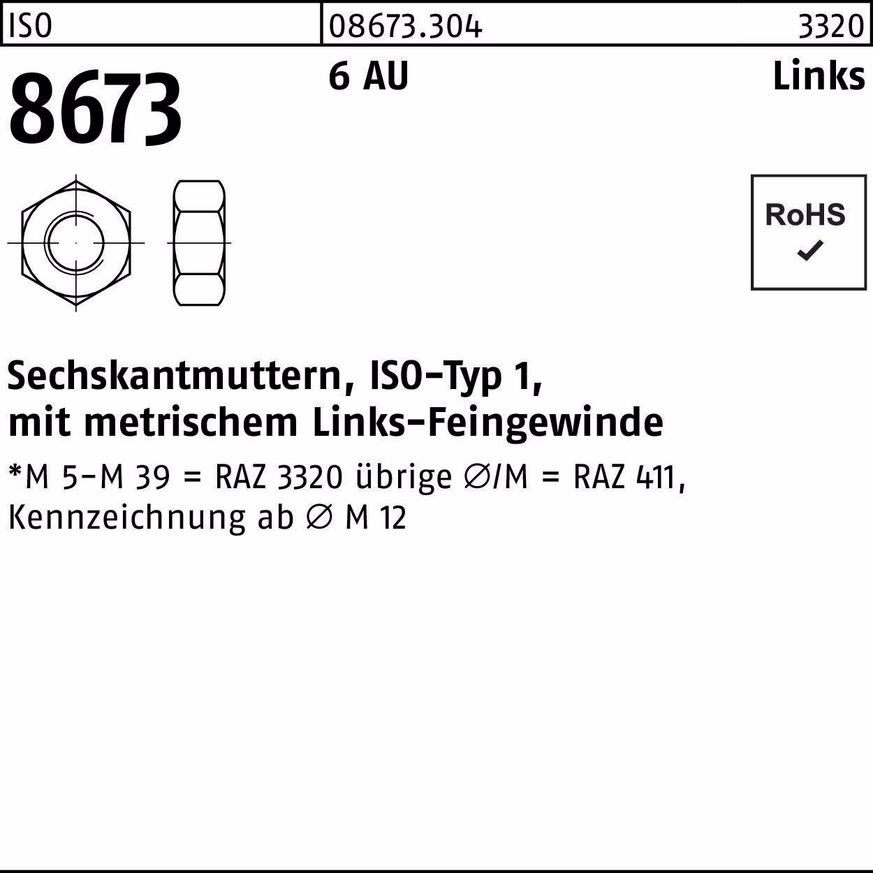 Sechskantmutter ISO 8673 links M14x 1,5 6 Automatenstahl 50 Stück