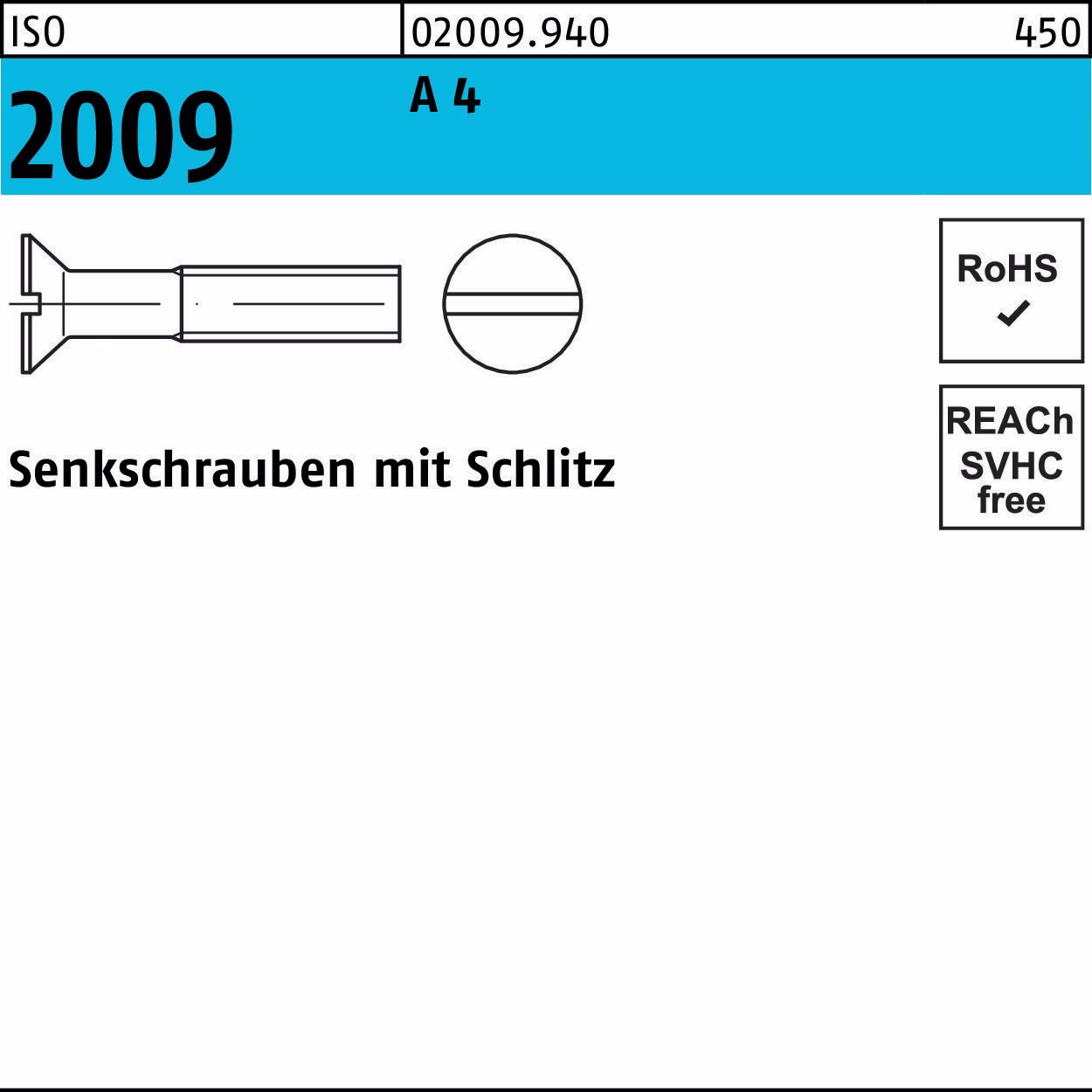Senkschraube ISO 2009 Schlitz M6x 45 A 4 50 Stück