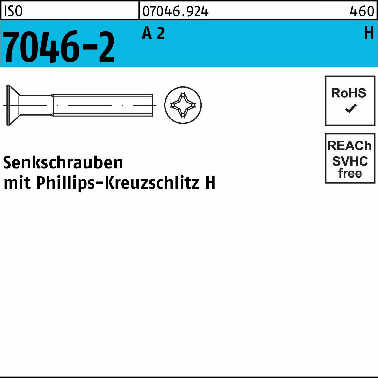 Senkschraube ISO 7046-2 PH M6x 12-H A 2 200 Stück
