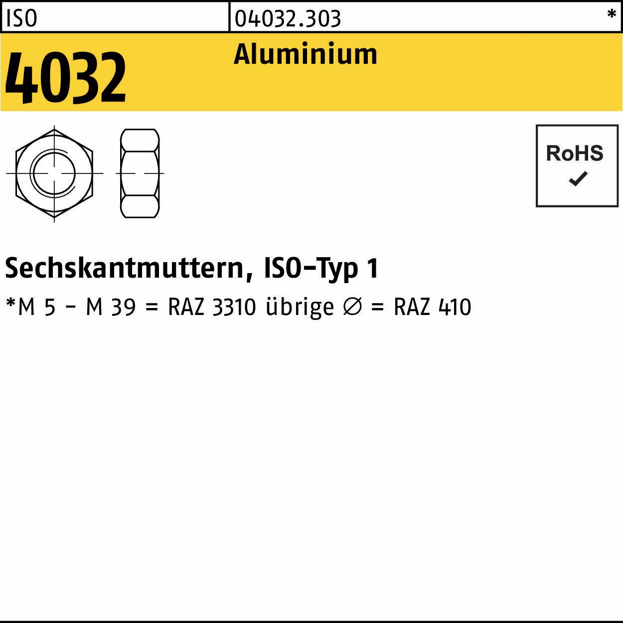 Sechskantmutter ISO 4032 M12 Aluminium 50 Stück