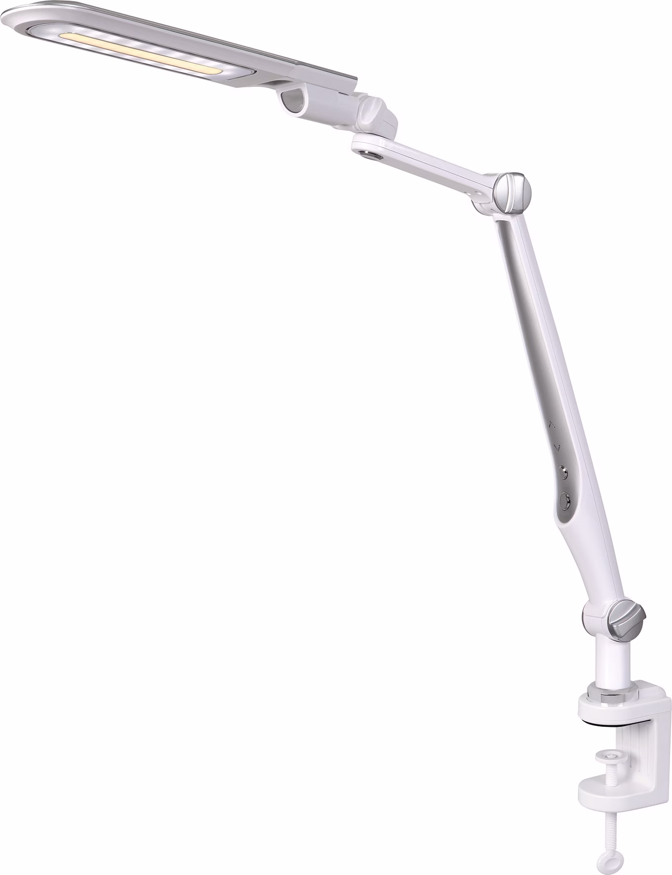 Schreibtischleuchte LED Multifl.ABS,Eisen,PS weiß/silber H600mm Standfuß+Klemme