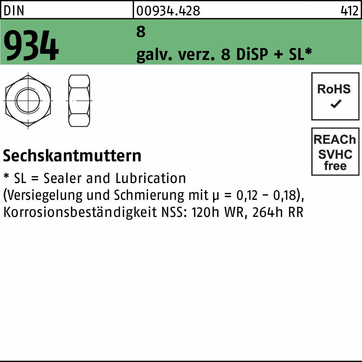 Sechskantmutter DIN 934 gal Zn 8 DiSP + SL