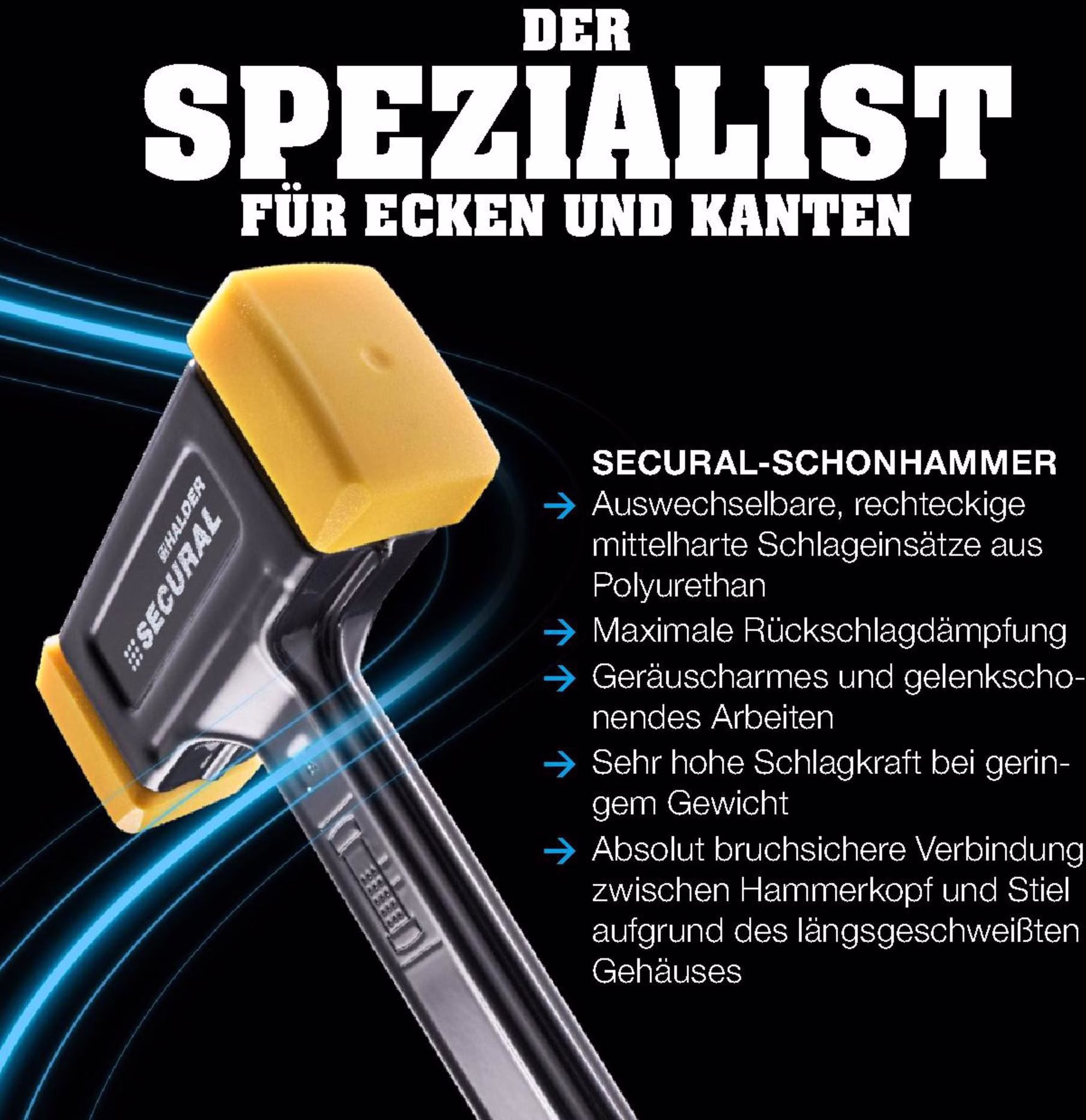 Schonhammer SECURAL L.300mm Kopf-D.30x40mm rückschlagfrei mittelh.PU gelb