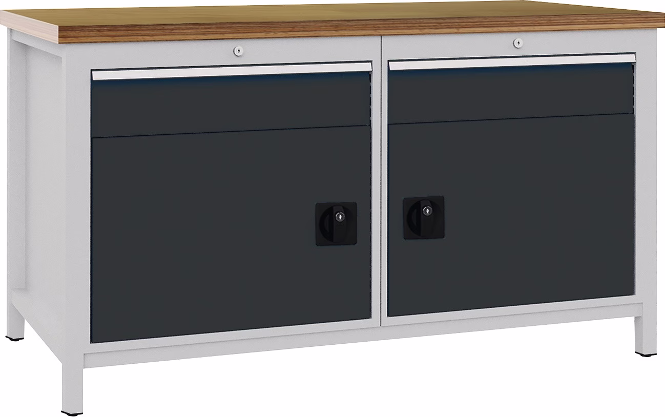 Werkbank grau lichtgrau B1500xH859xT750mm Multiplex 40mm 2 Schubl.2 Türen