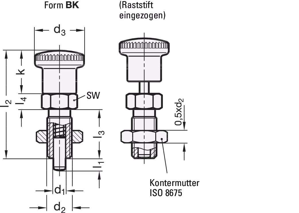 Rastbolzen GN 817 d1 6mm d2 M12 x 1,5mm l1 6mm Stahl,o.Rastsperre,m.Kontermutter