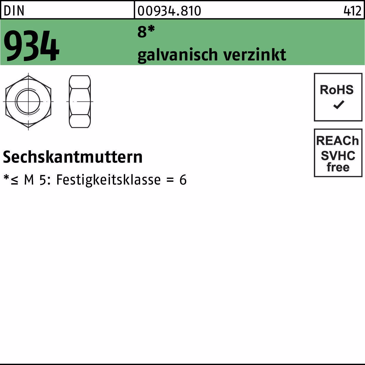 Sechskantmutter DIN 934 8 galvanisch verzinkt