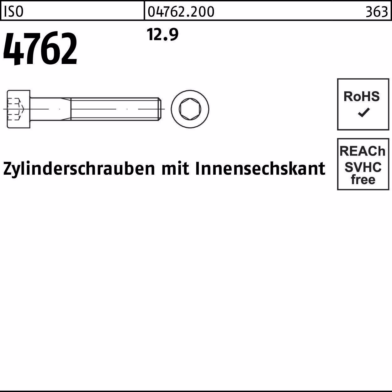 Zylinderschraube ISO 4762 Innen-6kt M12x 70 12.9 50 Stück