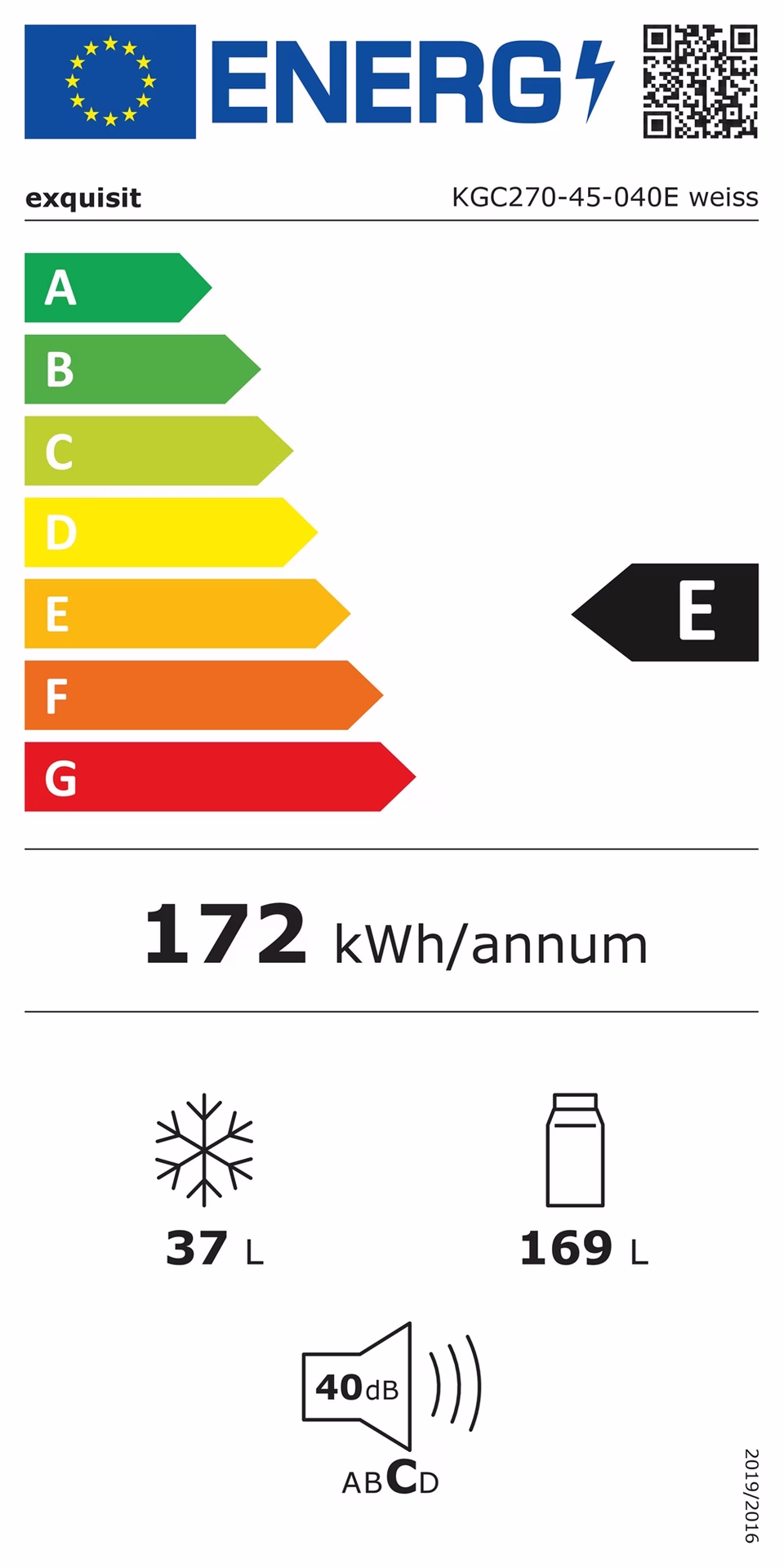Kühl-/Gefrierkombination KGC270-45-040E 169 l/37l weiß E G.40kg