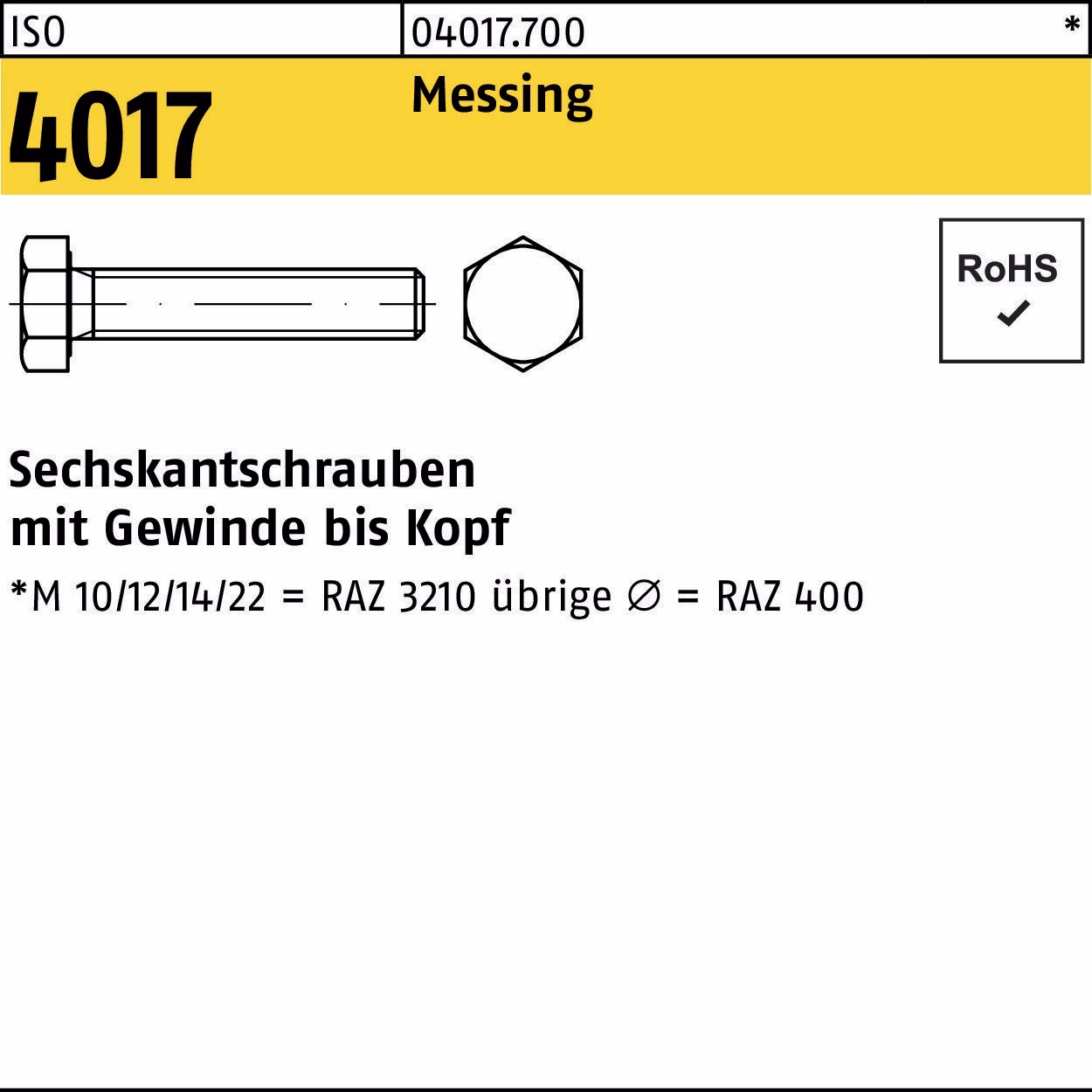 Sechskantschraube ISO 4017 VG M12x 50 Messing 50 Stück