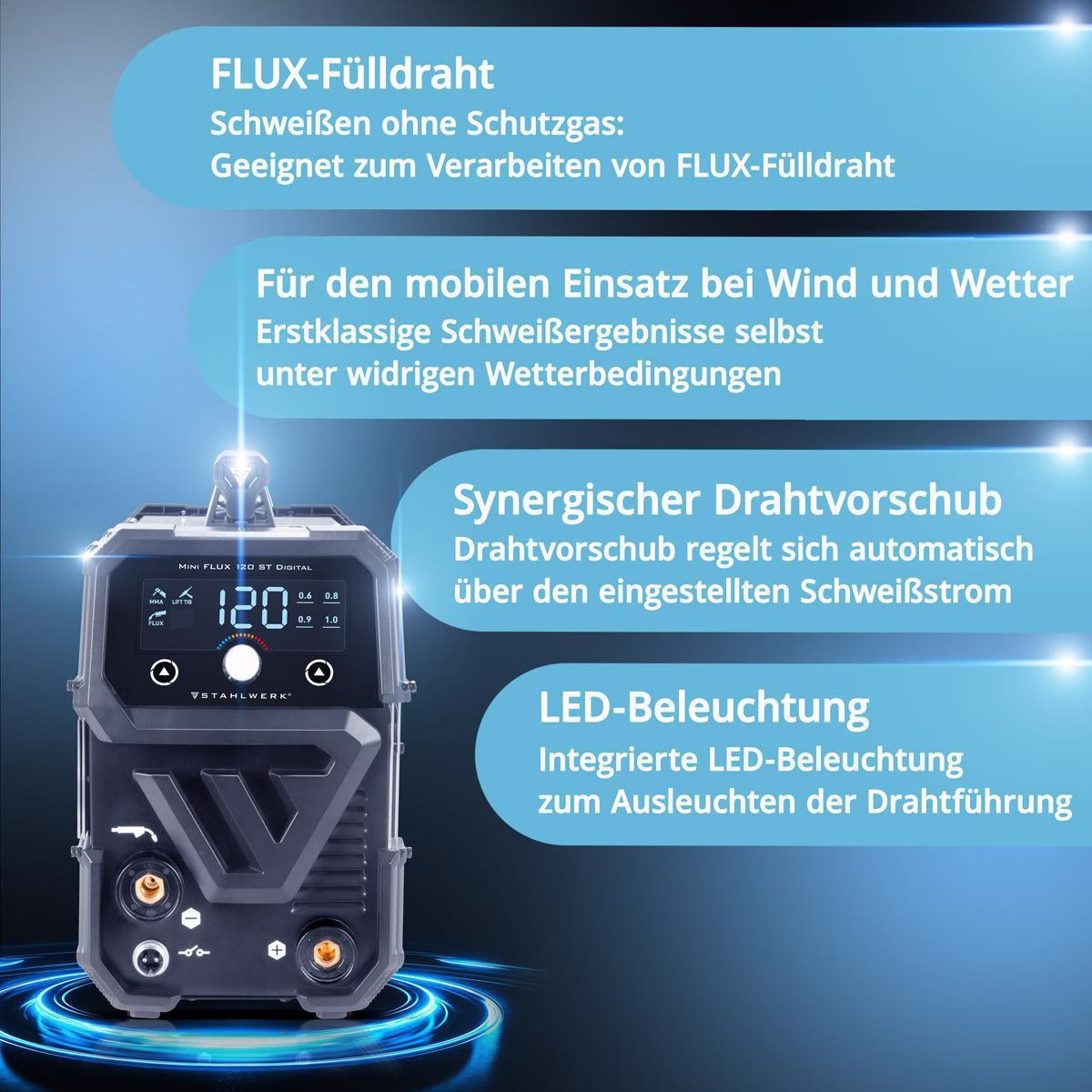 Fülldrahtschweißgerät Mini FLUX 120 ST Digital m.Zub.20-120 A gasg