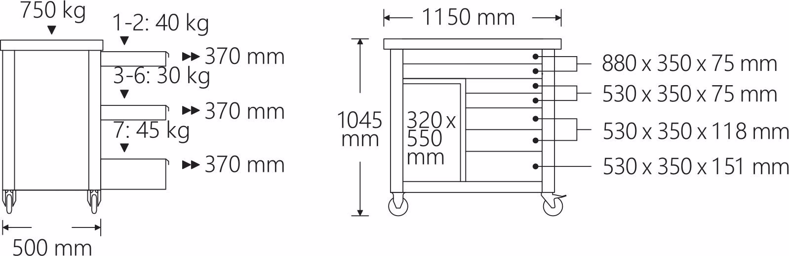 Rollwerkbank WB 621 Außen-B1150xT500xH1045mm Schubl.7+1 Fach 750kg unbestückt