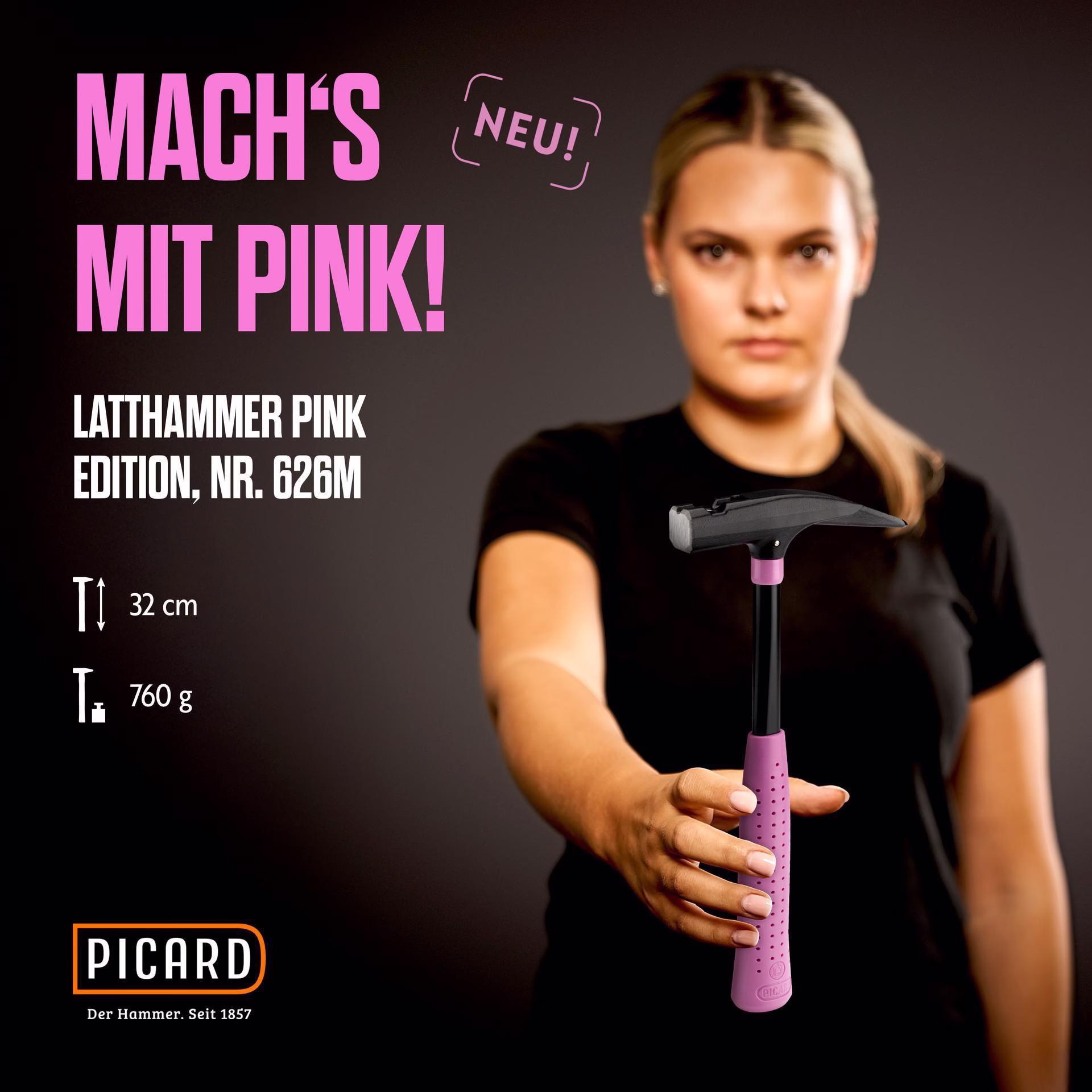Latthammer Pink Edition Nr.626M 626 DIN 7239 Kopf-G.600g m.Magnet glatt C45-Rohr