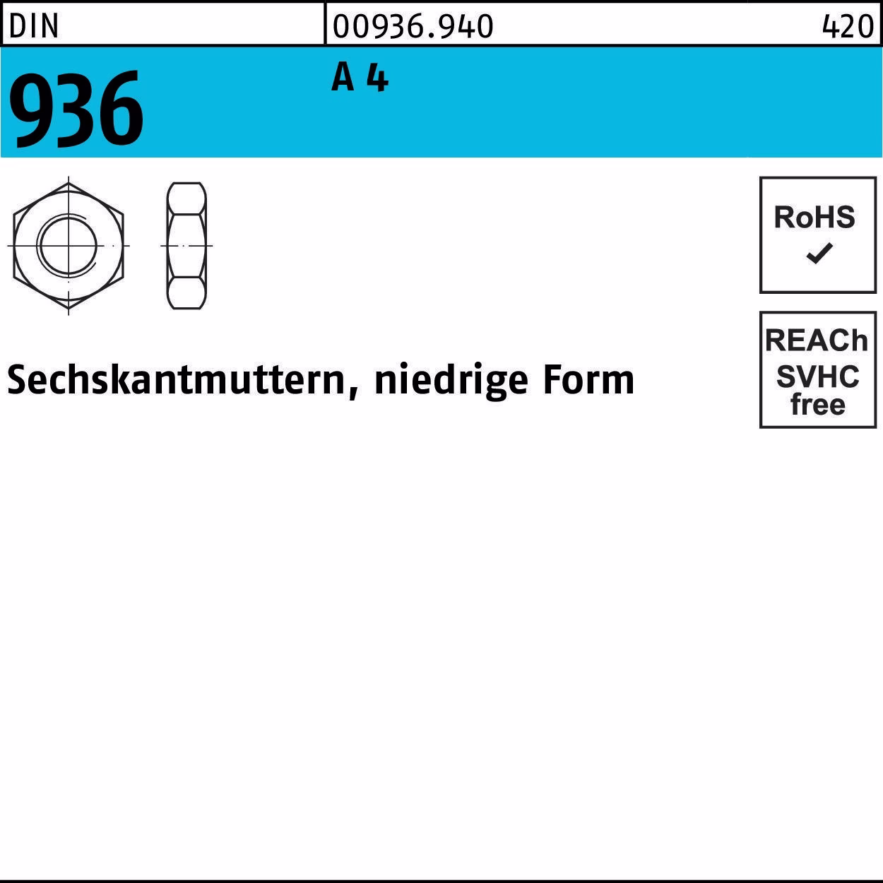 Sechskantmutter DIN 936 M10 A 4 50 Stück