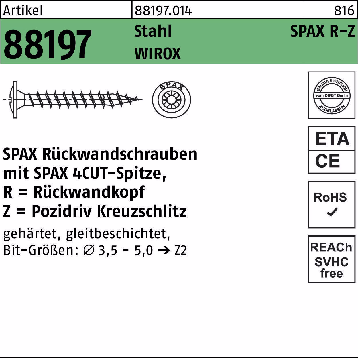 Rückwandschraube R 88197 m.Spitze/Kreuzschlitz-PZ Stahl galvanisch verzinkt WIROX SPAX