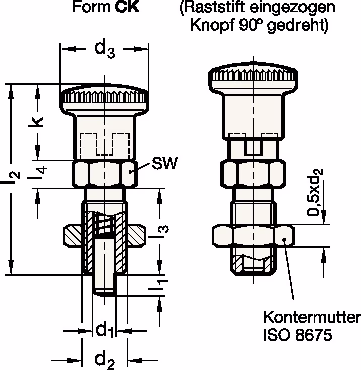 Rastbolzen GN 817 d1 6mm d2 M12 x 1,5mm l1 6mm Stahl,o.Rastsperre,m.Kontermutter