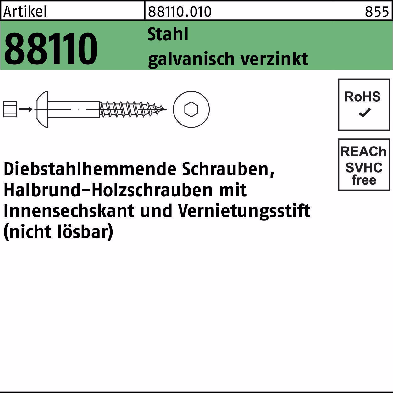 Schraube R 88110 diebstahlhemmend Ruko Stahl galvanisch verzinkt 50 Stück