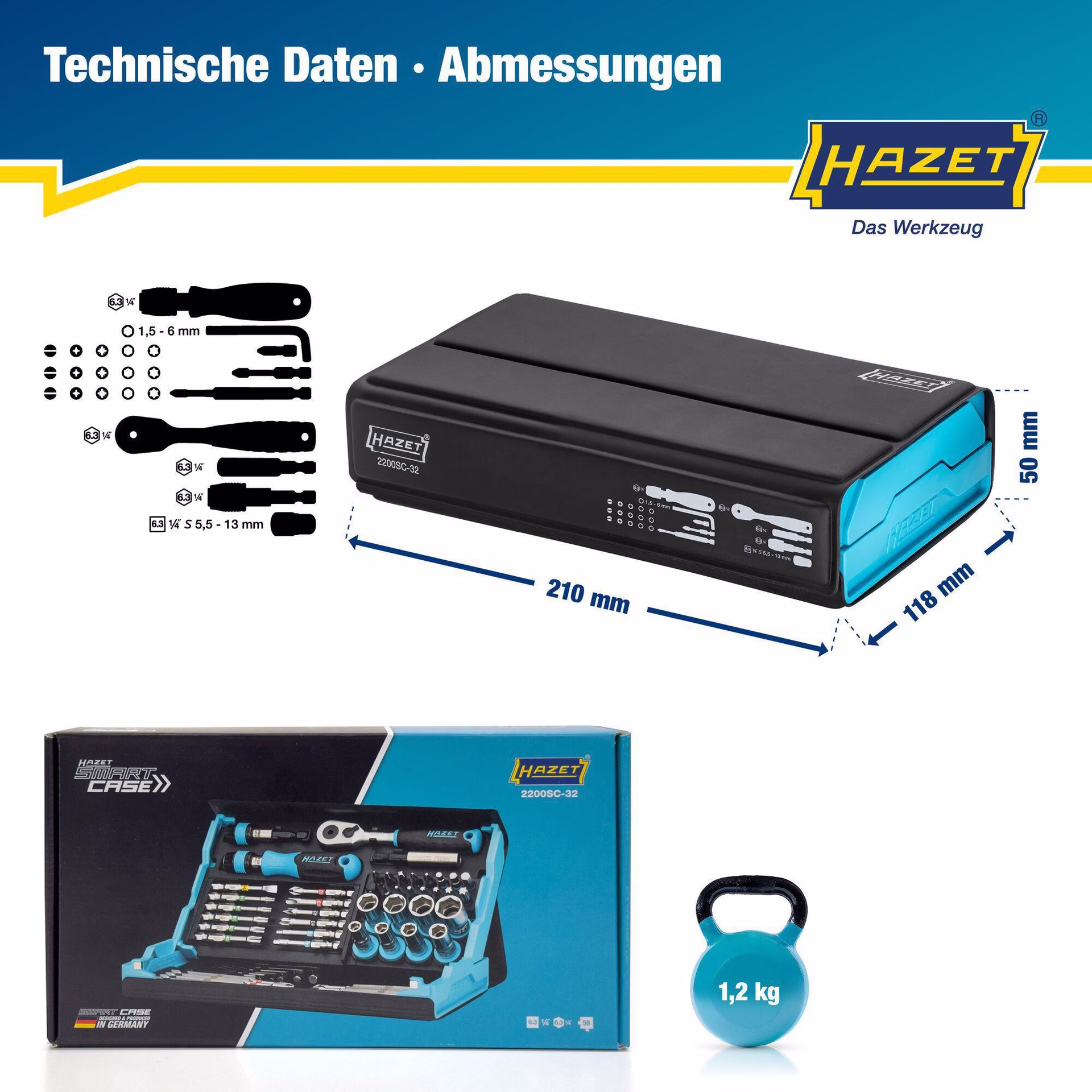Bitsortiment SmartCase 2200SC-32 59-tlg.Schlitz/PH/PZD/TX/TX m.Zapfen/6Kt.