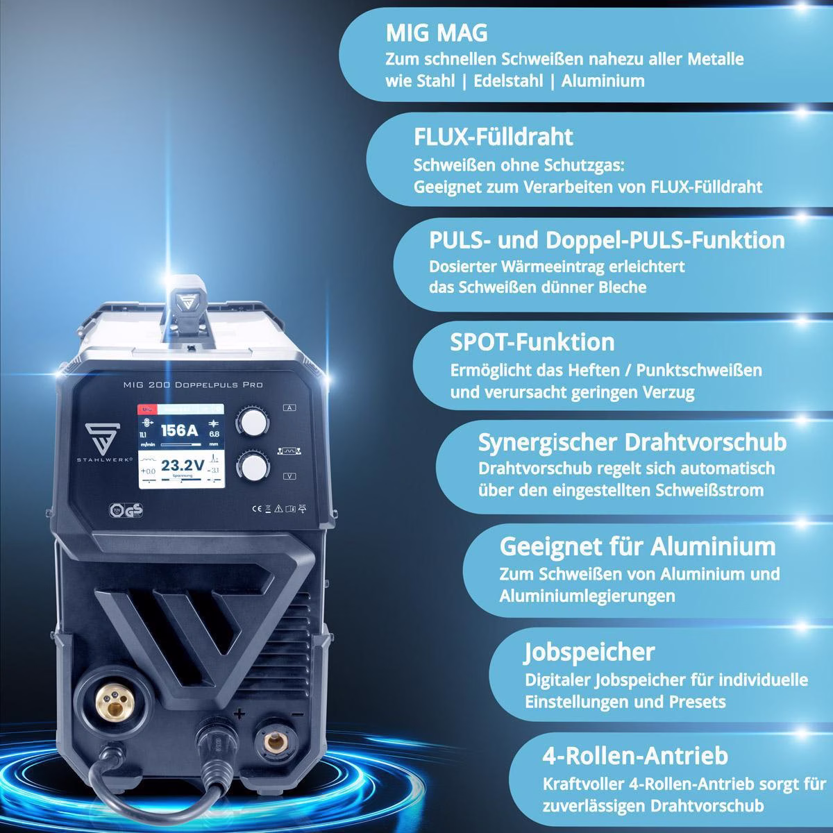 Schutzgasschweißgerät MIG MAG 200 Doppelpuls Pro Einzelgerät m.Zub.20-200 A