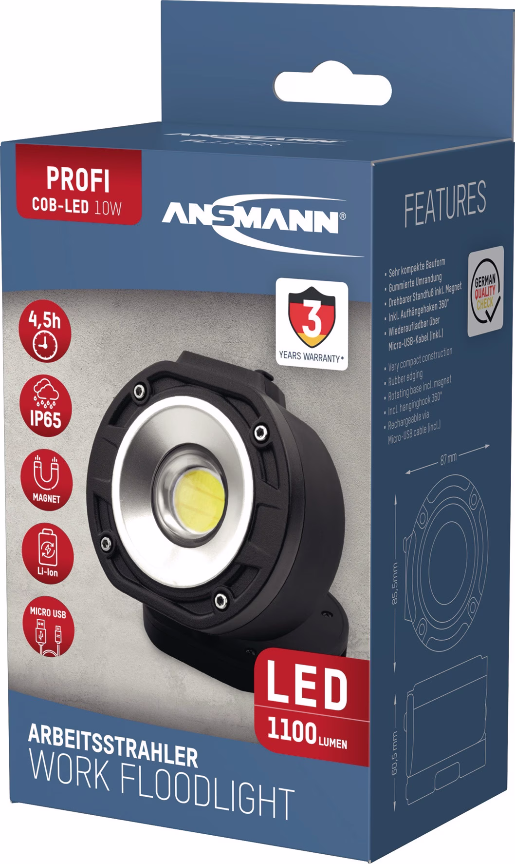 LED-Strahler FL1100R 10 W 1100 lm 1m Li-Ion 4000 mAh 3,7 V IP65