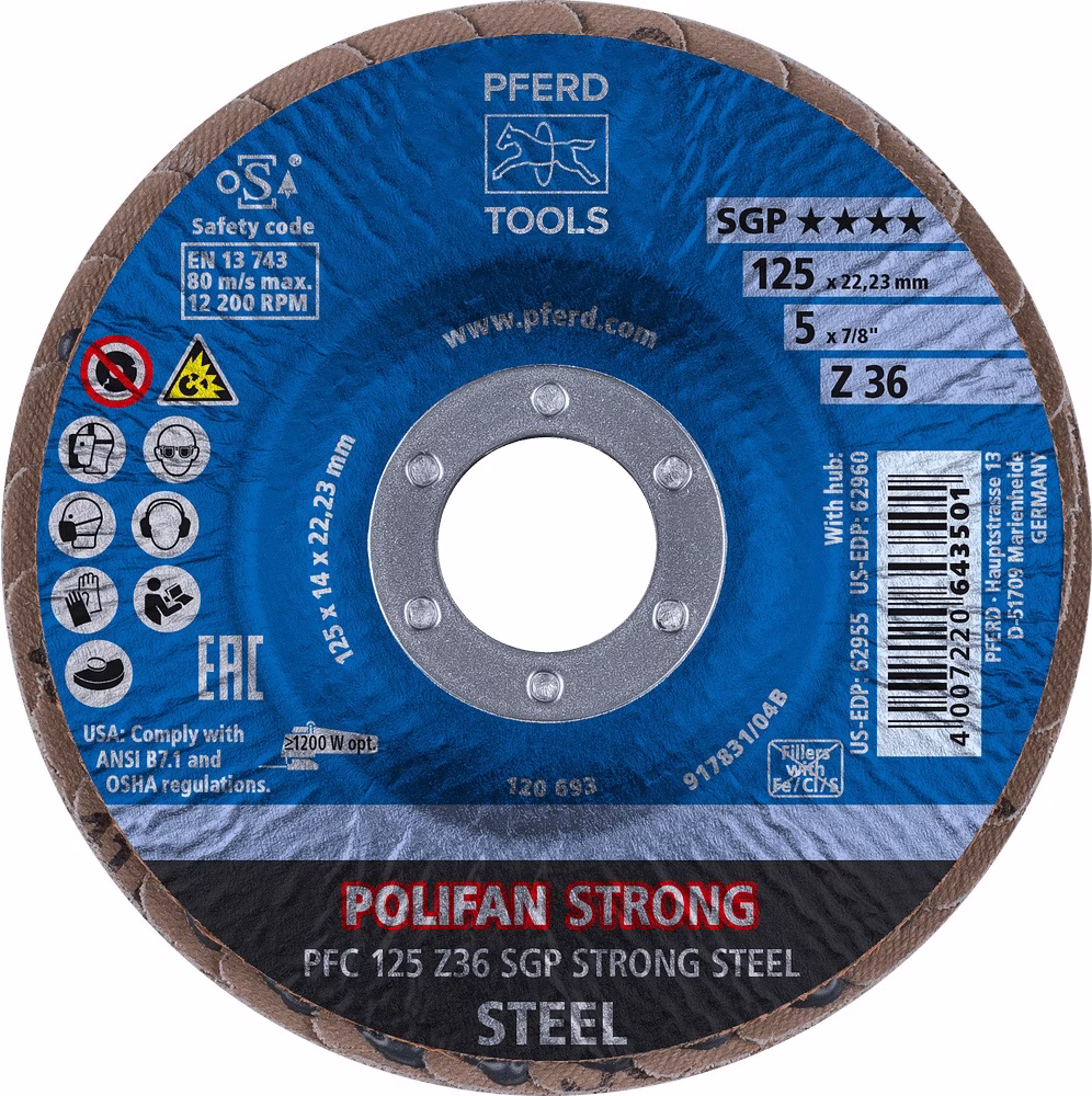 Fächerscheibe POLIFAN Z SGP STRONG STEEL D.125mm K.36 kon.INOX ZK PFERD