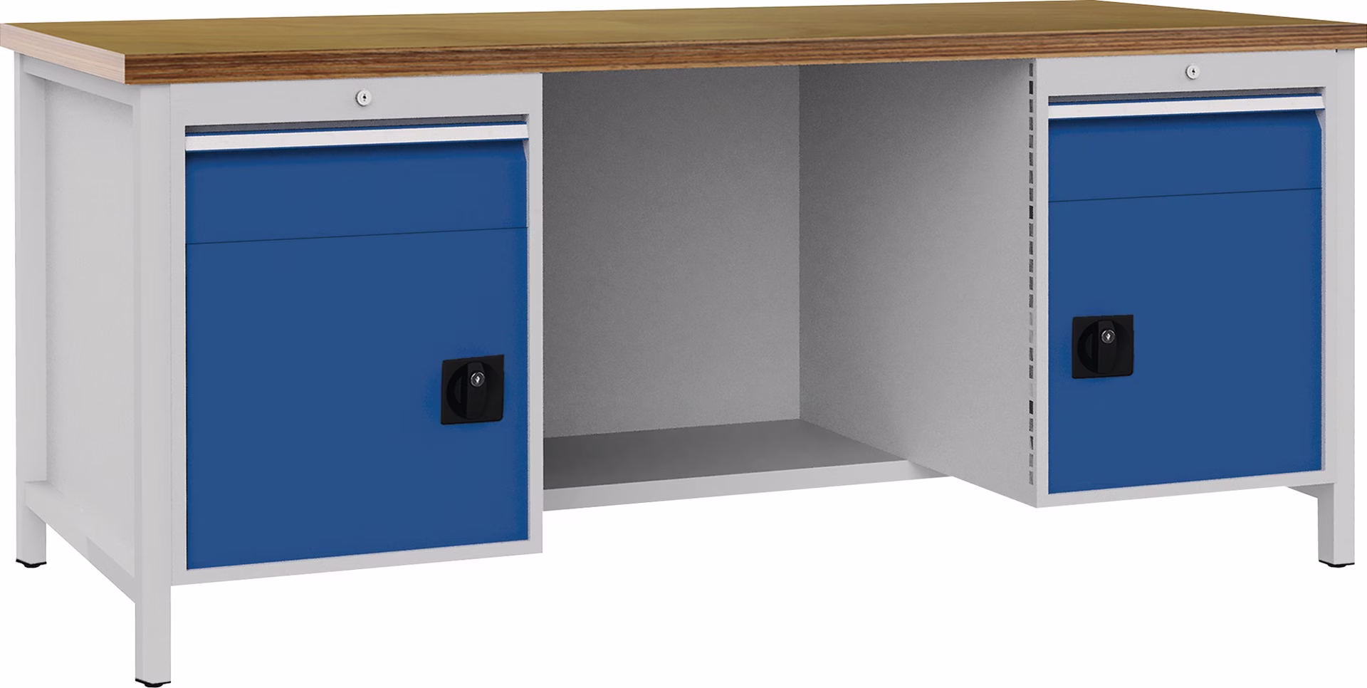 Werkbank signalblau lichtgrau B2000xH859xT750mm Buche Multipl.40mm 2 Schub.2 Tür