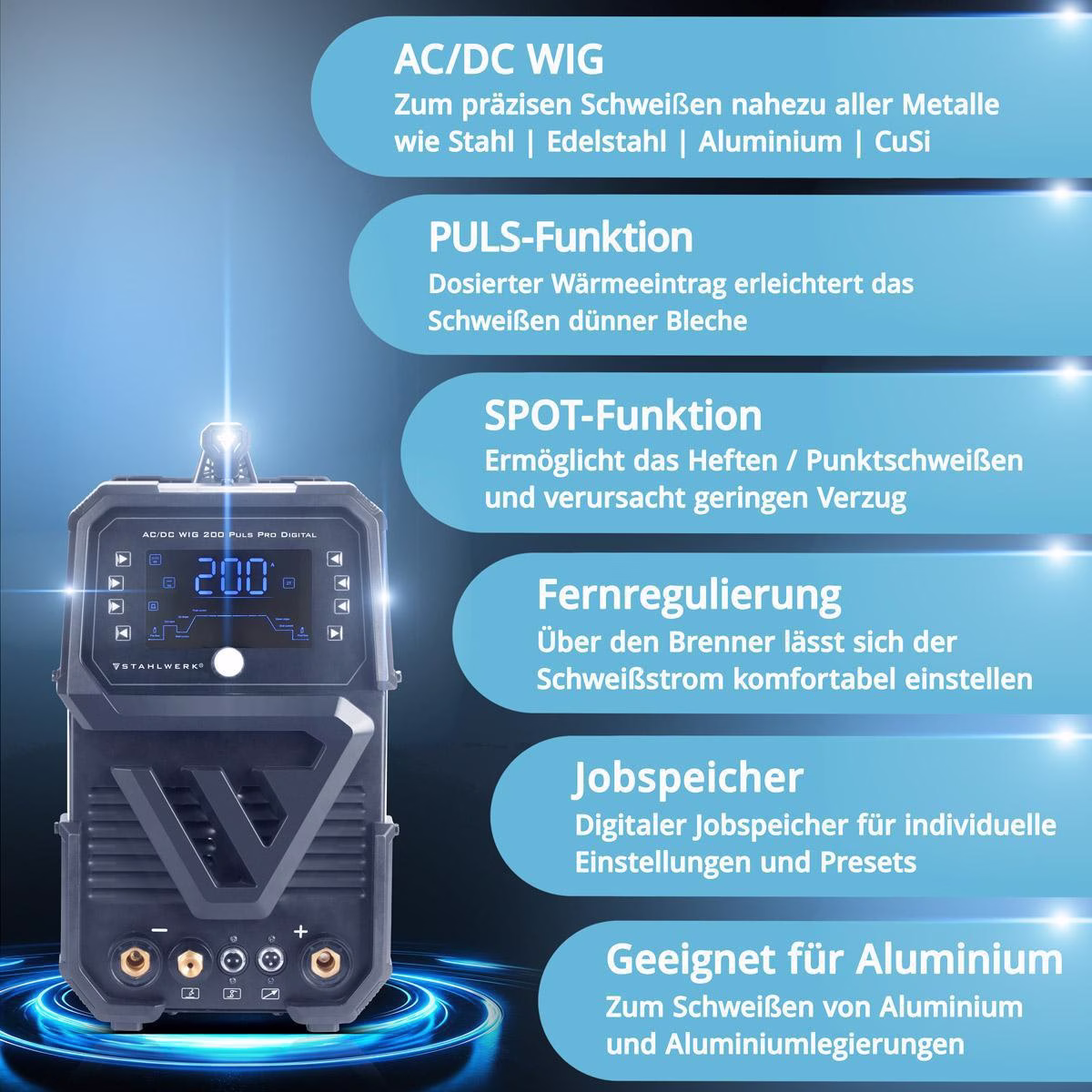 Schutzgasschweißgerät AC/DC WIG 200 Puls Pro Digital Einzelgerät m.Zub