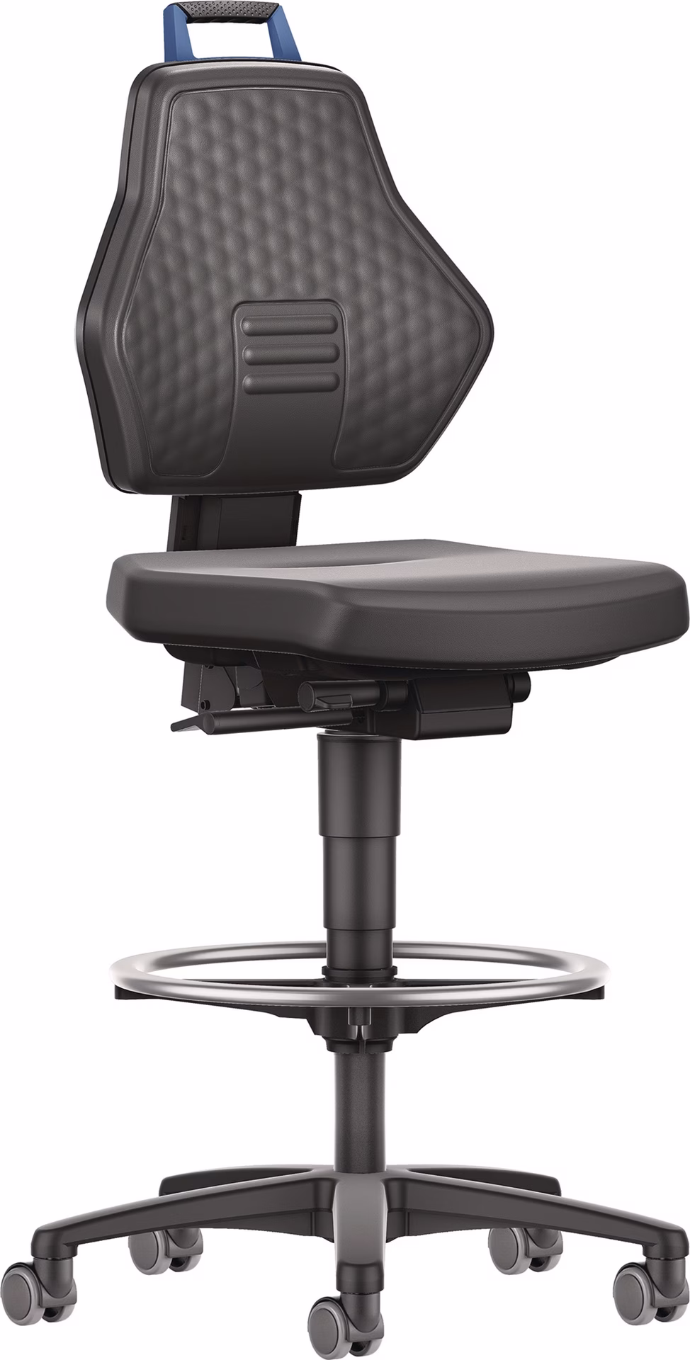 Arbeitsdrehstuhl Rl.+Fußring Kunstleder schwarz Grifffarbe blau 580-860mm TW