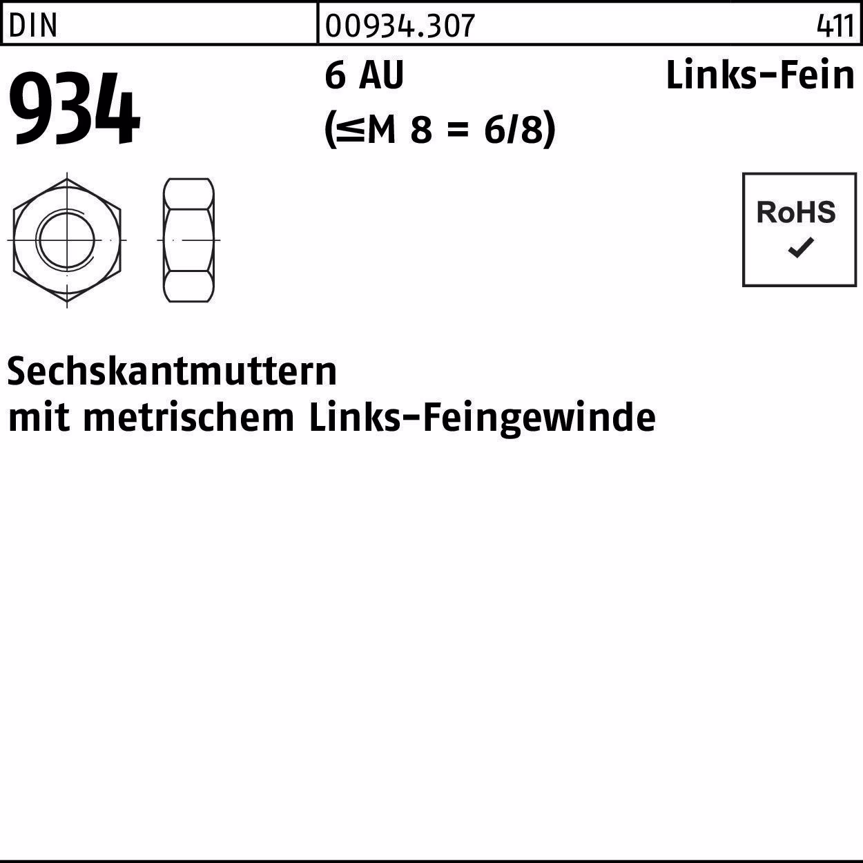 Sechskantmutter DIN 934 links M14x 1,5 -LH 6 Automatenstahl 50 Stück