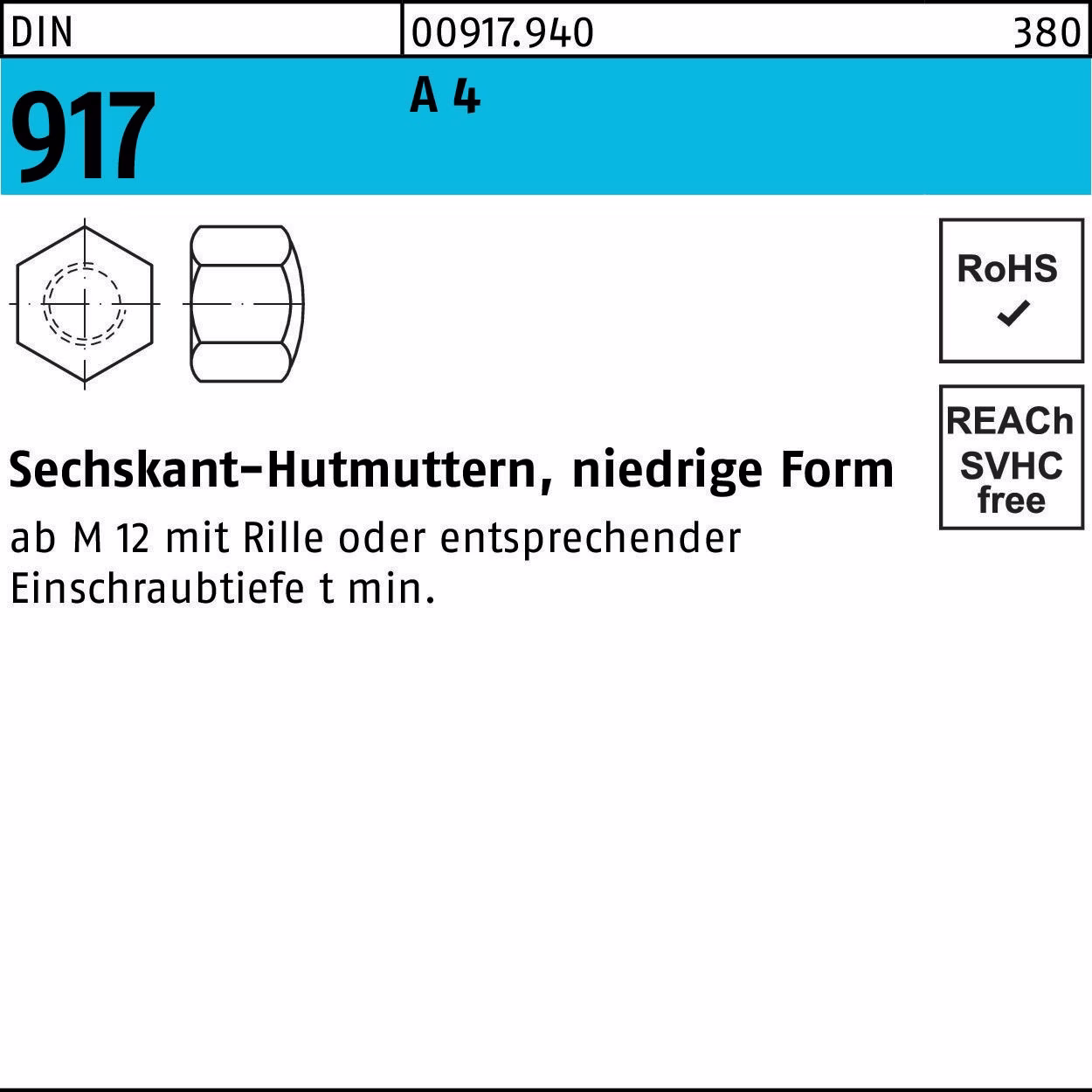 Sechskanthutmutter DIN 917 niedrige FormM4 A 4 100 Stück