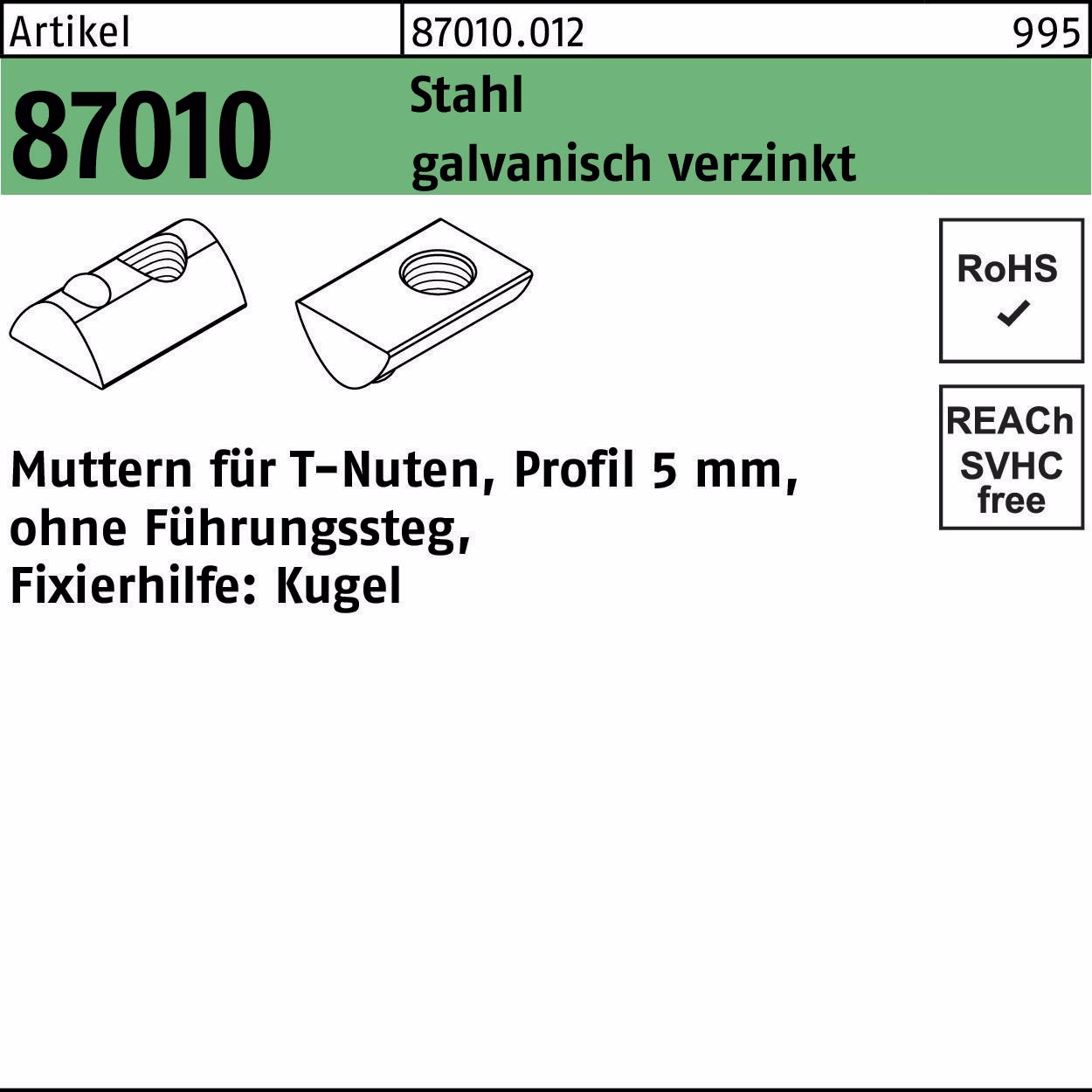 T-Nutenmutter R 87010 o.Führungssteg 5mm Stahl galv.verz.