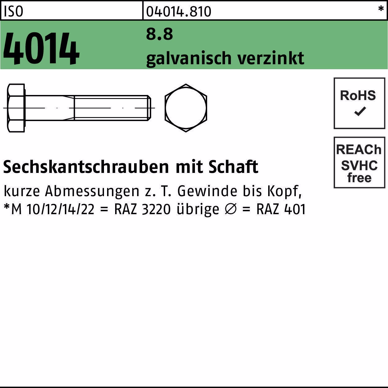 Sechskantschraube ISO 4014 Schaft M12x 80 8.8 galv.verz. 50 Stück
