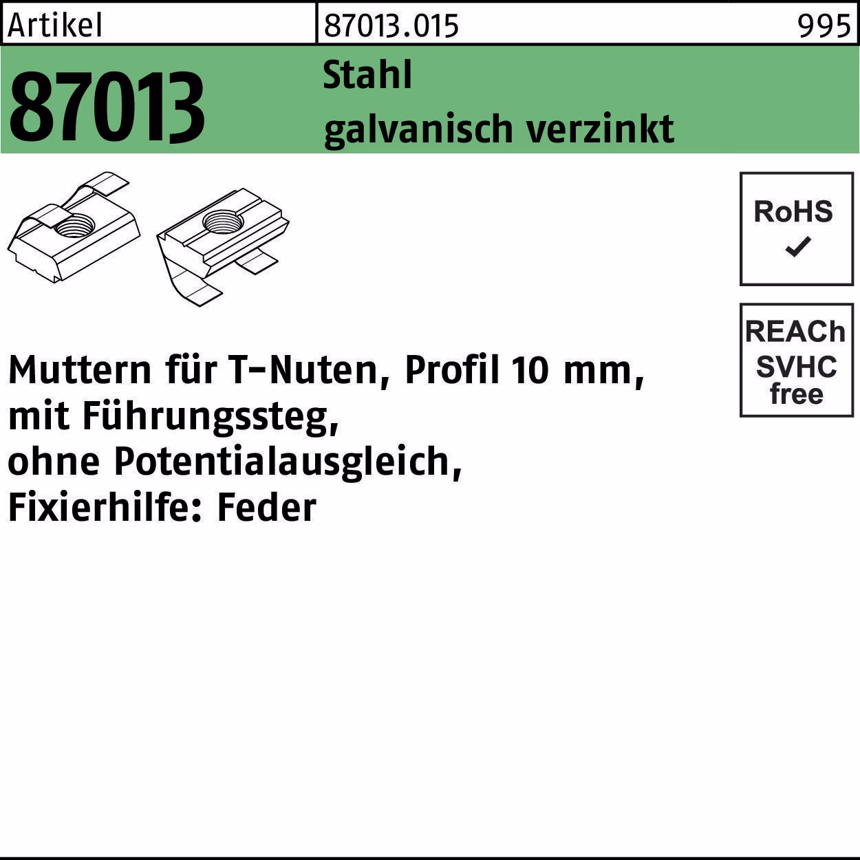 T-Nutenmutter R 87013 Führungssteg/o.Potentialausgl. 10mm galv.verz.