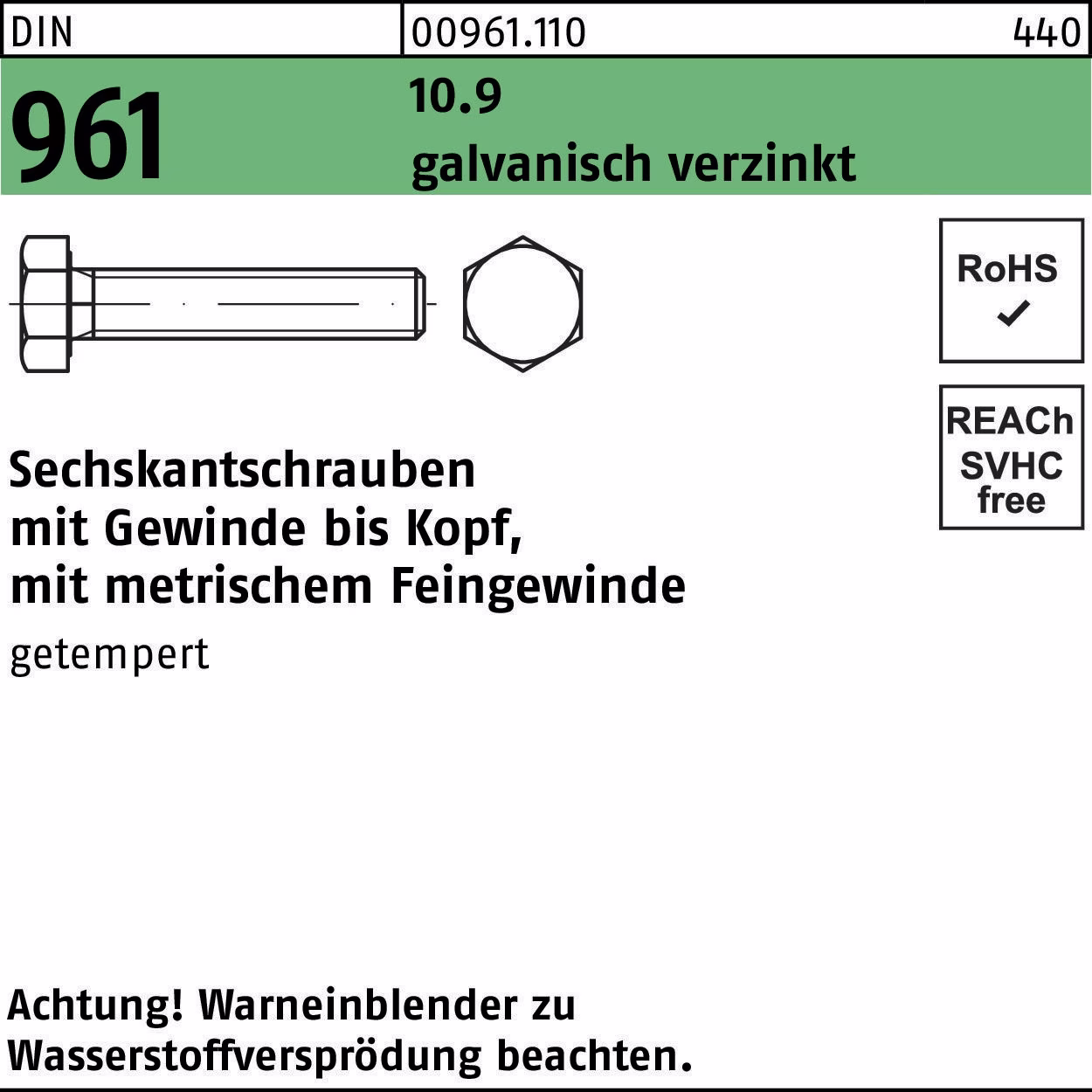 Sechskantschraube DIN 961 VG 10.9 galv.verz.