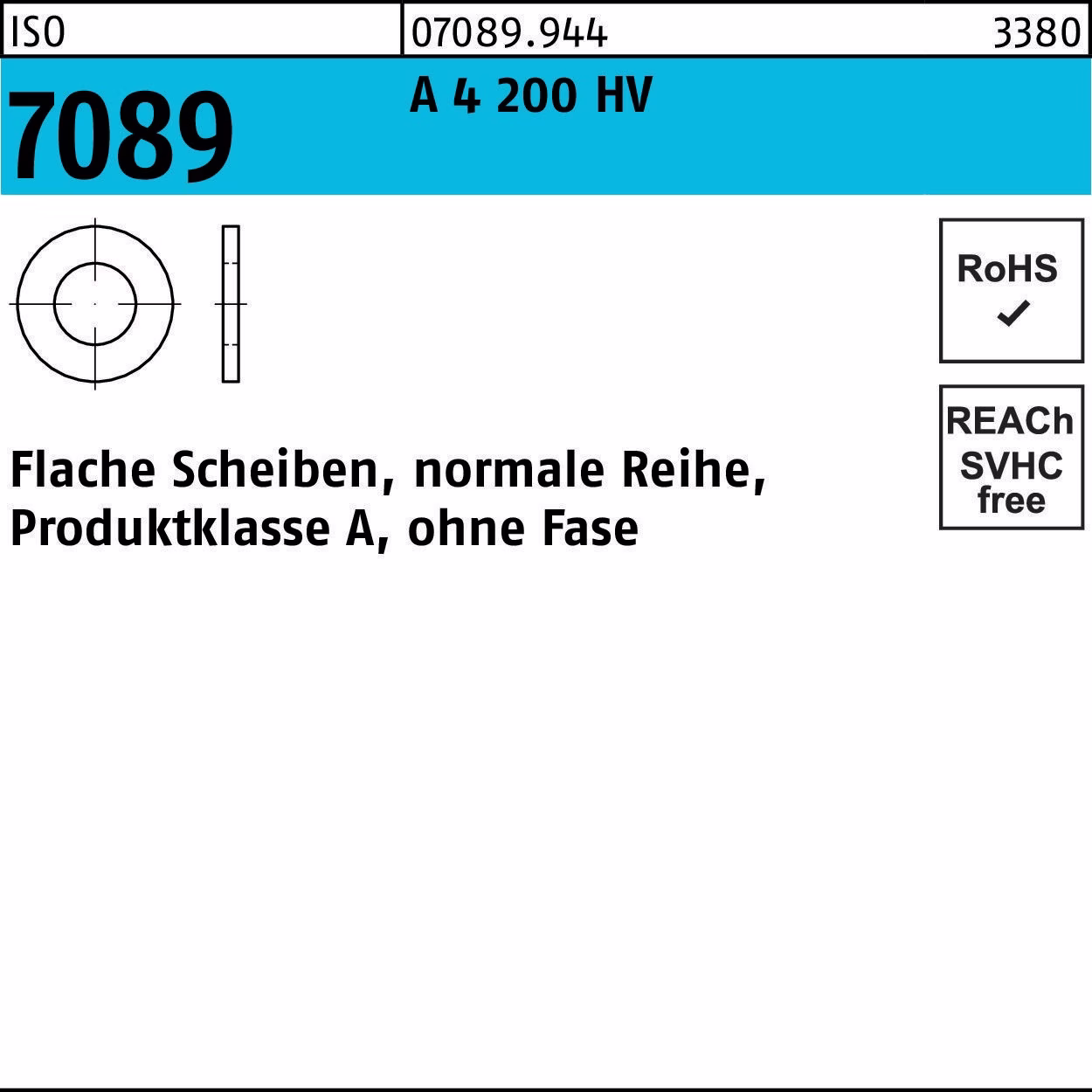 Unterlegscheibe ISO 7089 o.Fase 10 A 4 200 HV 100 Stück