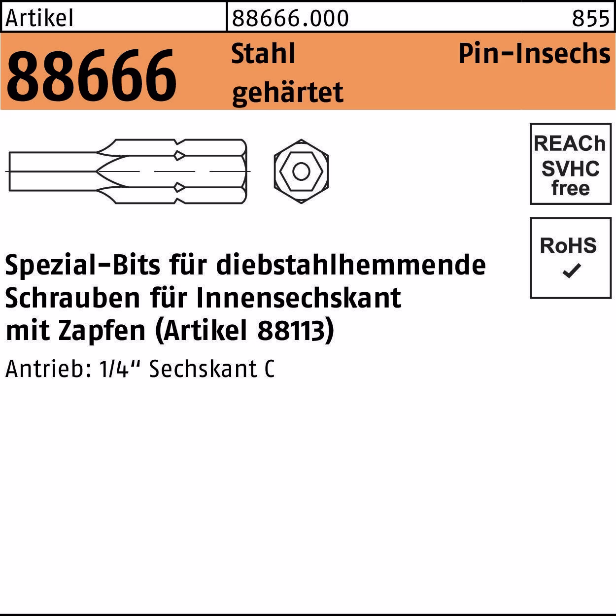 Bit R 88666 Innen-6kt Zapfen Stahl gehärtet 1