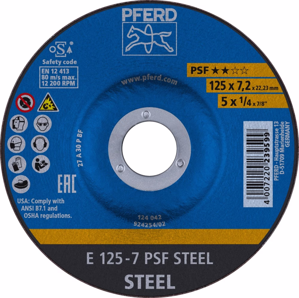 Schruppscheibe PSF STEEL D125xS7,2mm gekr.STA Bohr.22,23mm PFERD