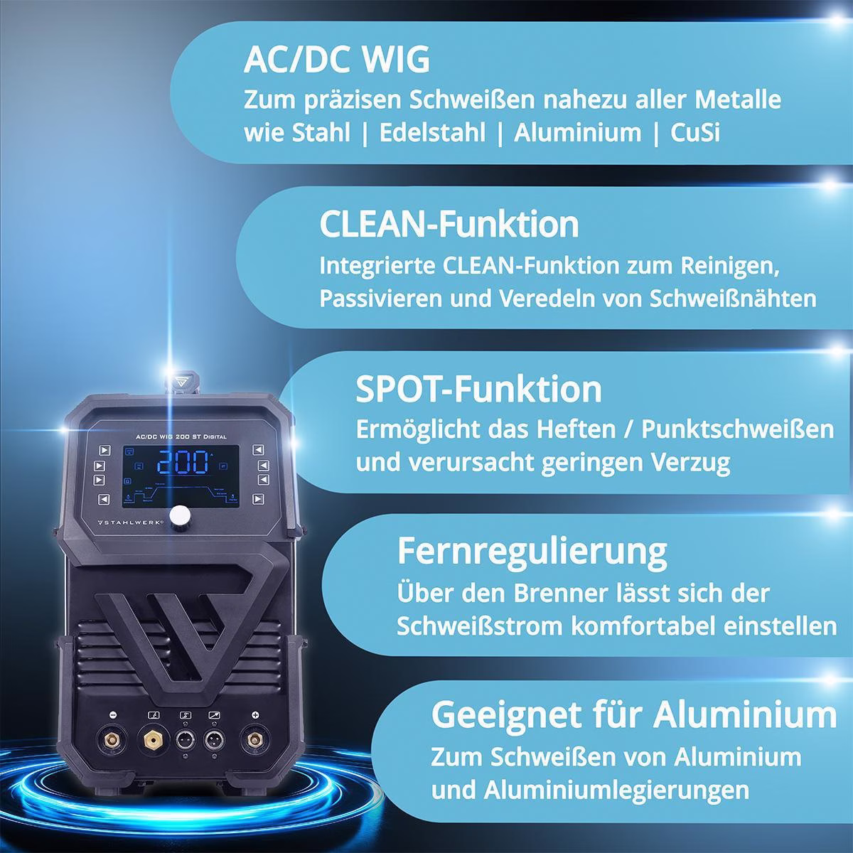 Inverterschweißgerät AC/DC WIG 200 ST Digital Einzelgerät m.Zub