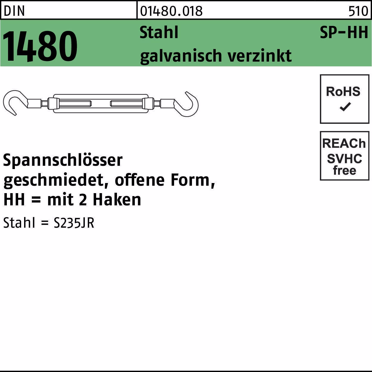 Spannschloss DIN 1480 offen 2Haken SP HH M6 Stahl 3.6 galv.verz. 1St.