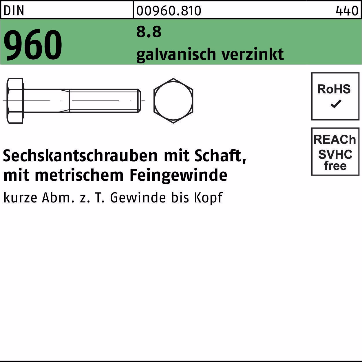 Sechskantschraube DIN 960 Schaft 8.8 galv.verz.