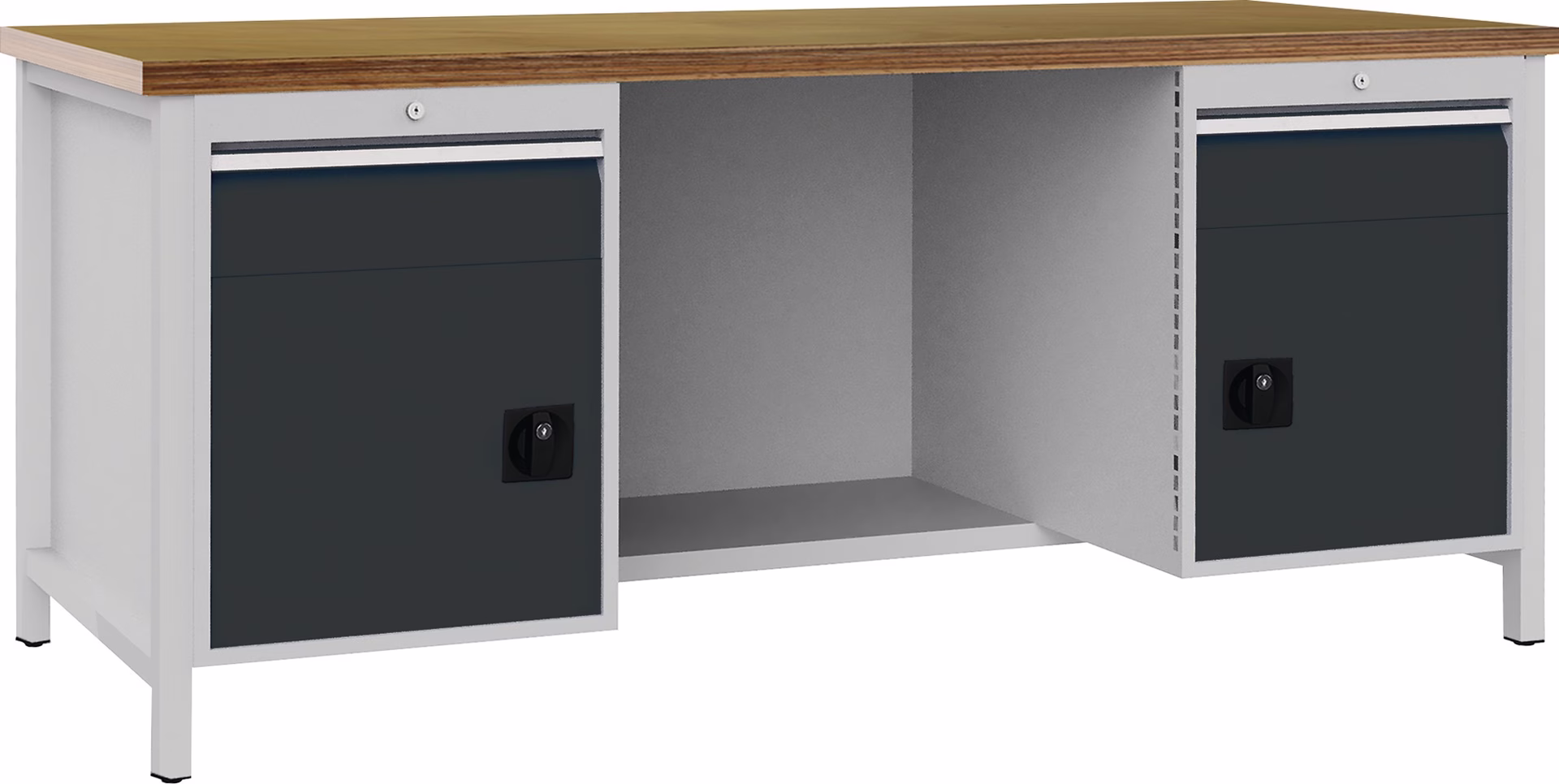 Werkbank grau lichtgrau B2000xH859xT750mm Buche Multiplex 40mm 2 Schubl.2 Türen