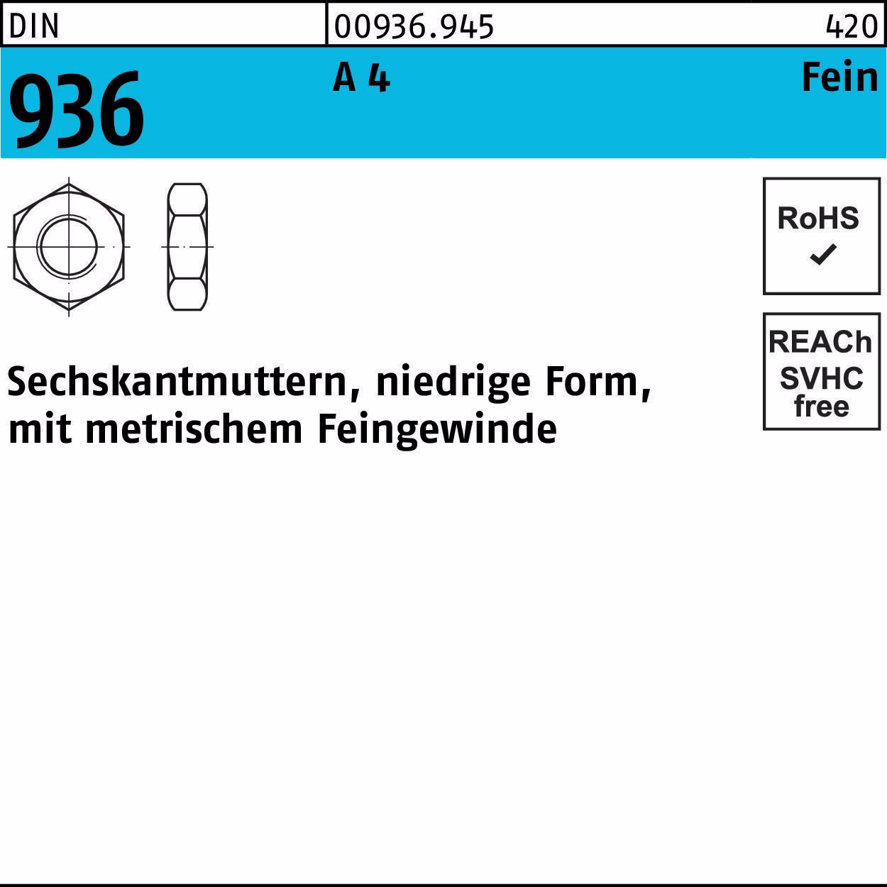 Sechskantmutter DIN 936 M10x 1 A 4 50 Stück