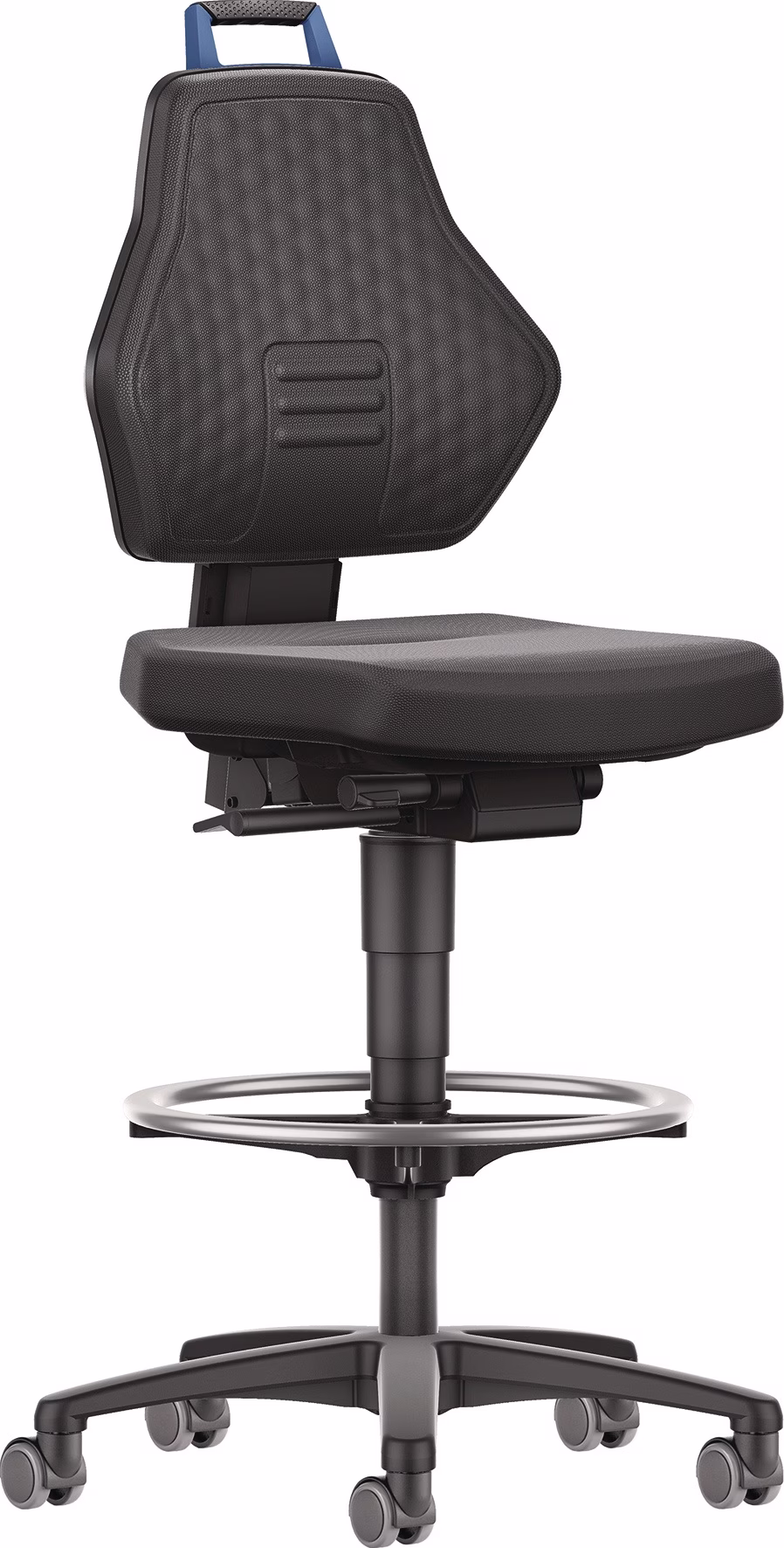 Arbeitsdrehstuhl Rl.+Fußring Supertec schwarz Grifffarbe blau 580-860mm
