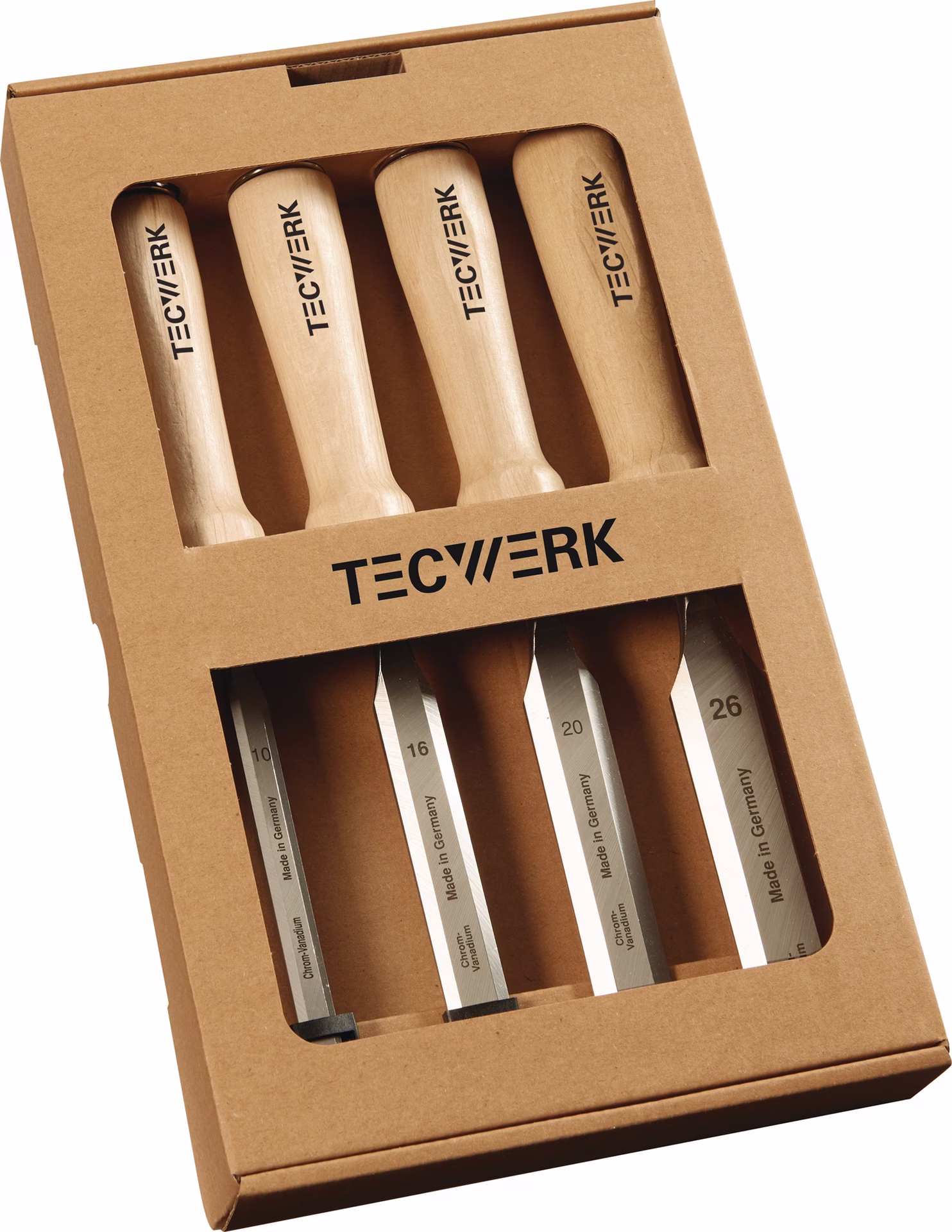 Stechbeitelsatz 10,16,20,26mm Weißbuchenh.Ulmer Form 4-tlg.Fensterkarton