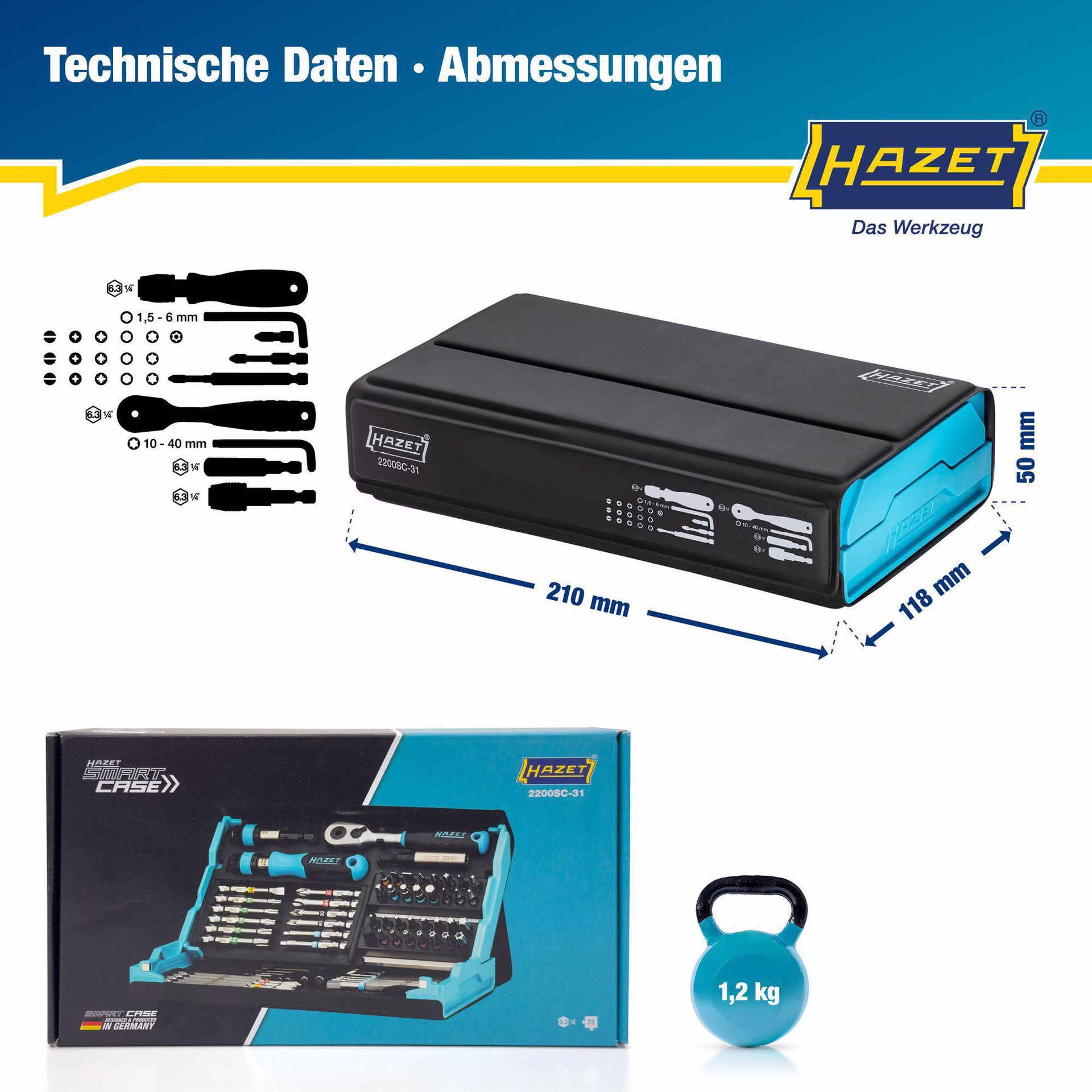 Bitsortiment SmartCase 2200SC-31 73-tlg.Schlitz/PH/PZD/TX/TX m.Zapfen/Innen-6Kt.
