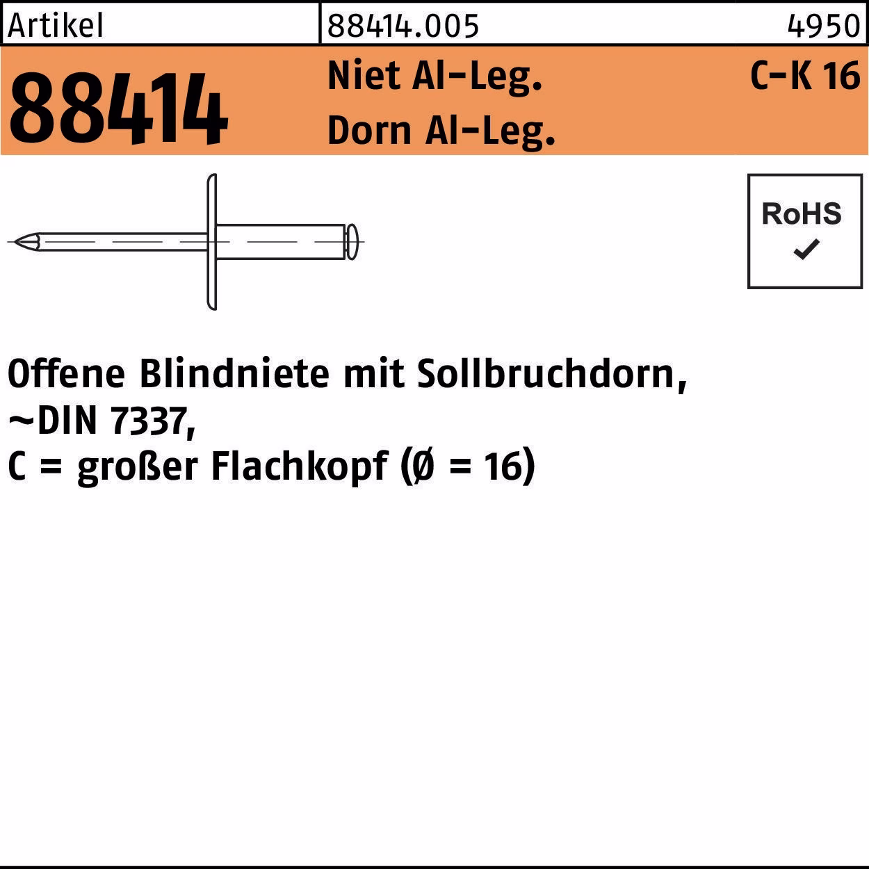 Blindniete R 88414 großer FLAKO Niet Aluminium/Dorn Aluminium