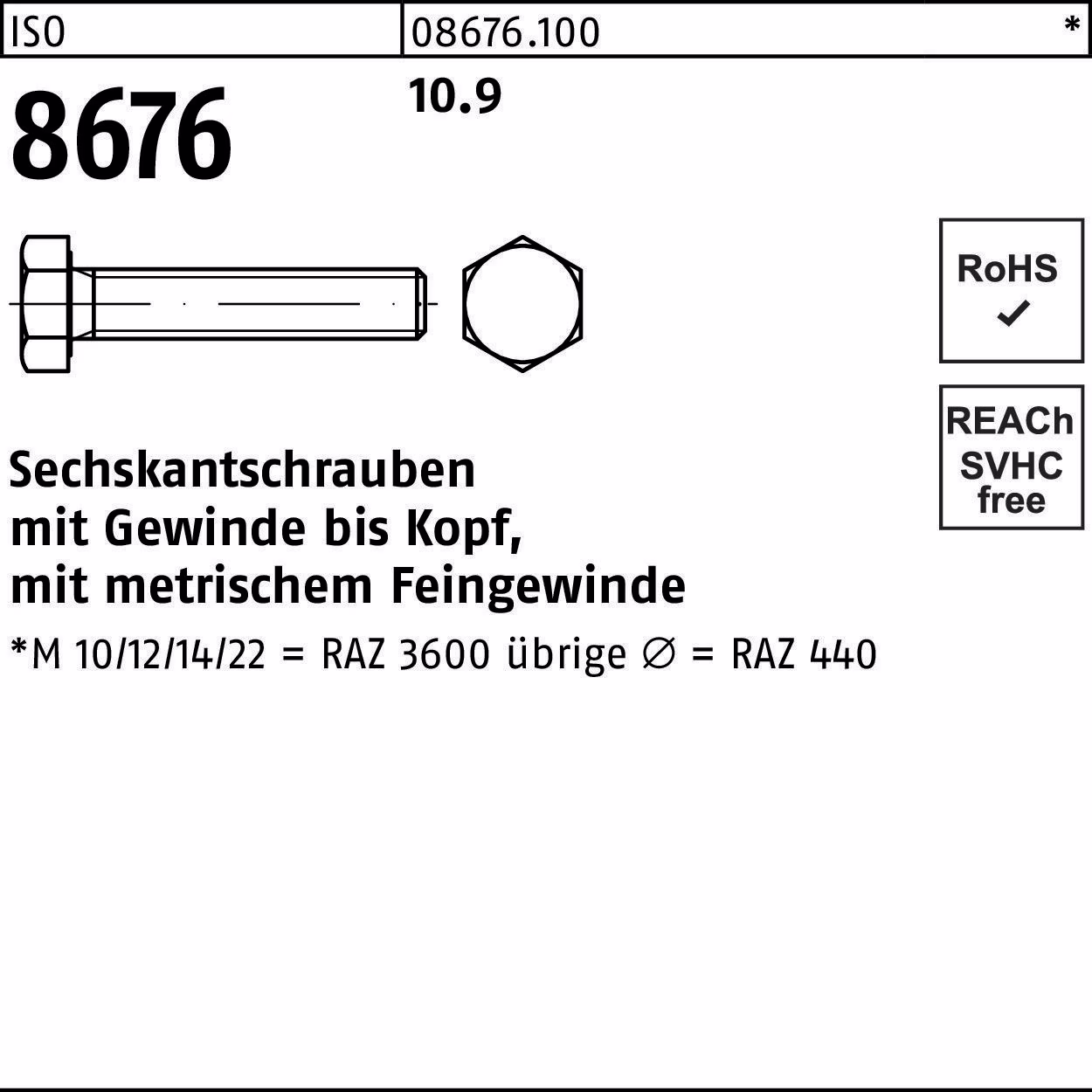 Sechskantschraube ISO 8676 VG M12x1,25x 70 10.9 50 Stück