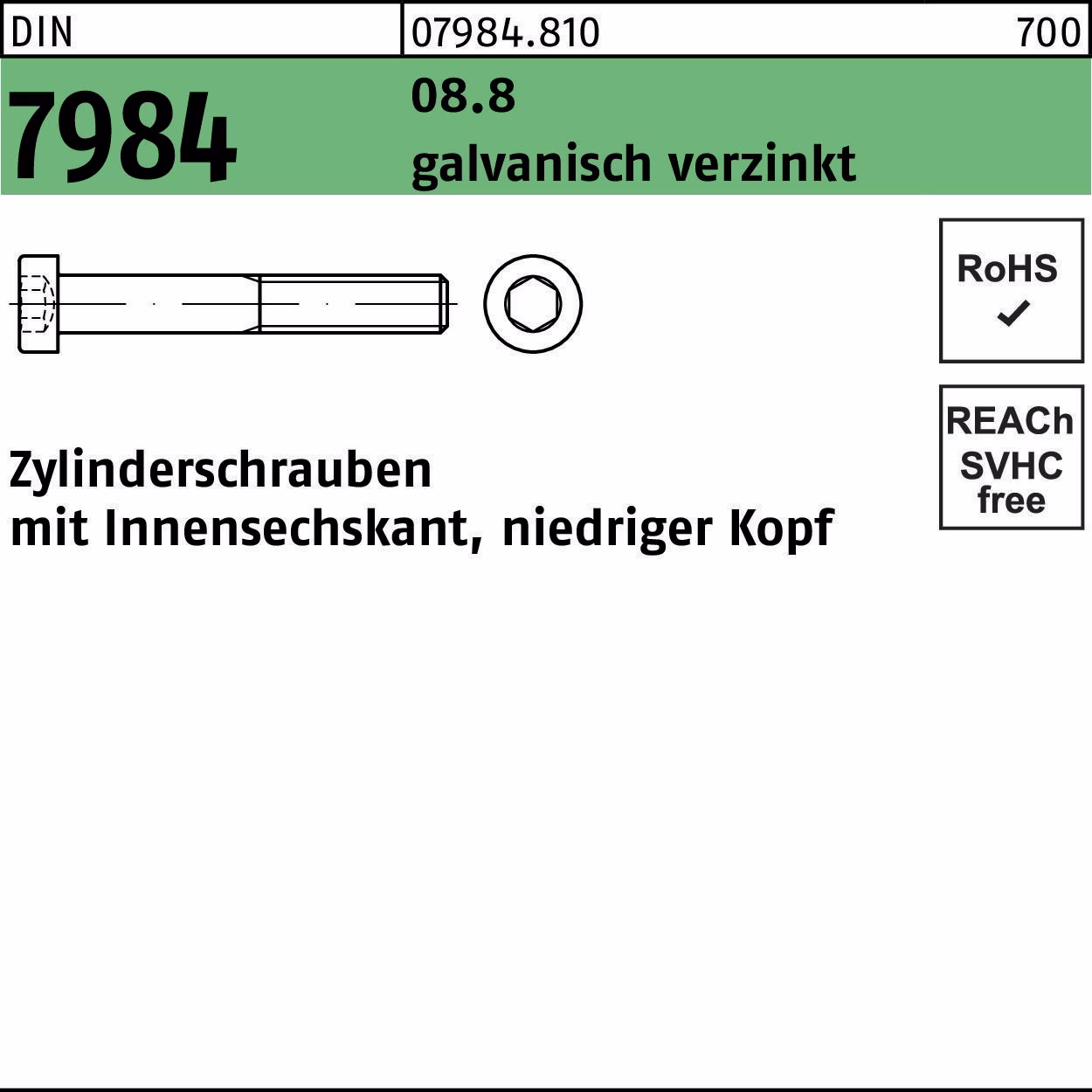 Zylinderschraube DIN 7984 Innen-6kt M12x70 8.8 galv.verz. 50St.