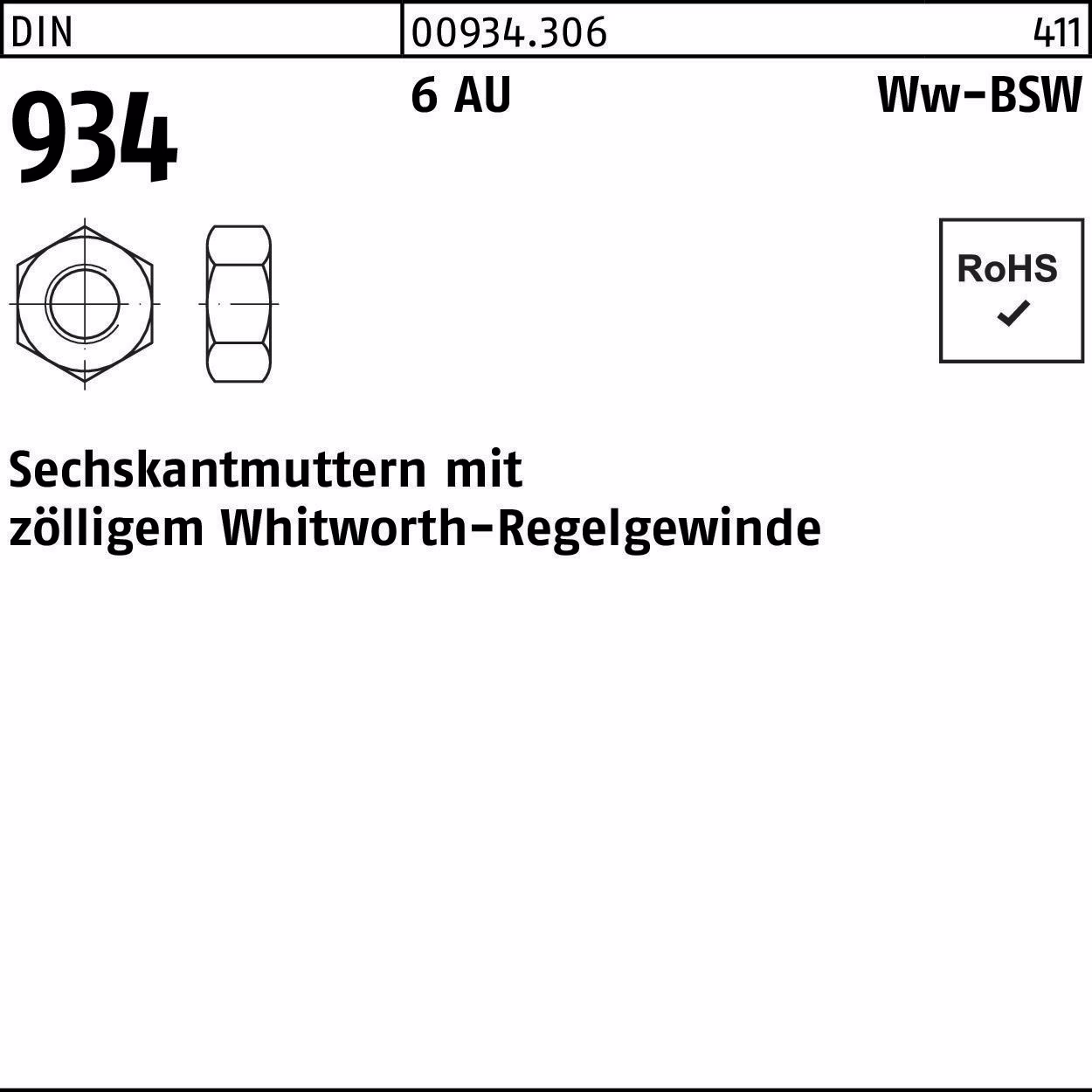 Sechskantmutter DIN 934 WW 3/4 6 Automatenstahl 50 Stück