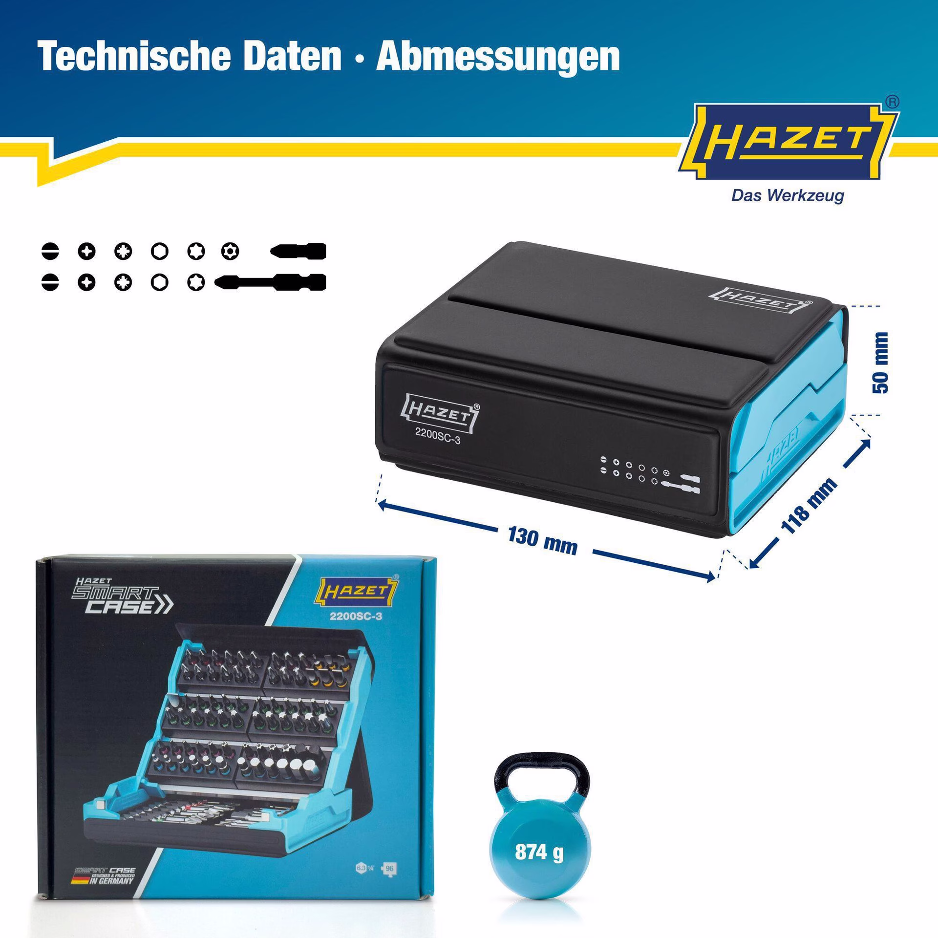 Bitsortiment SmartCase 2200SC-3 96-tlg.Schlitz/PH/PZ/TX/TX m.Zapfen/Innen-6Kt.