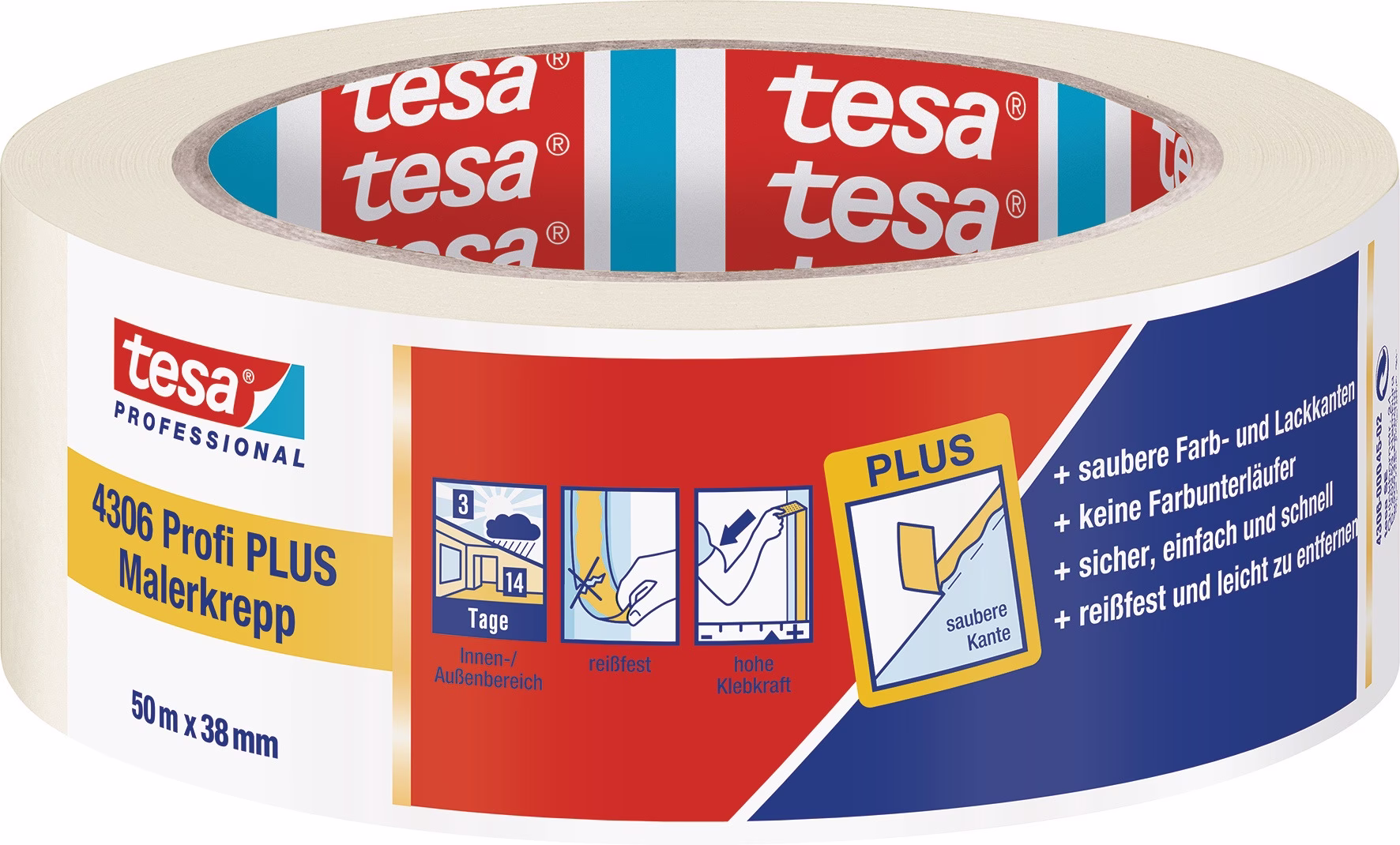 Malerkreppband 4306 Profi PLUS leicht gekreppt hellbeige L.50m B.38mm Rl
